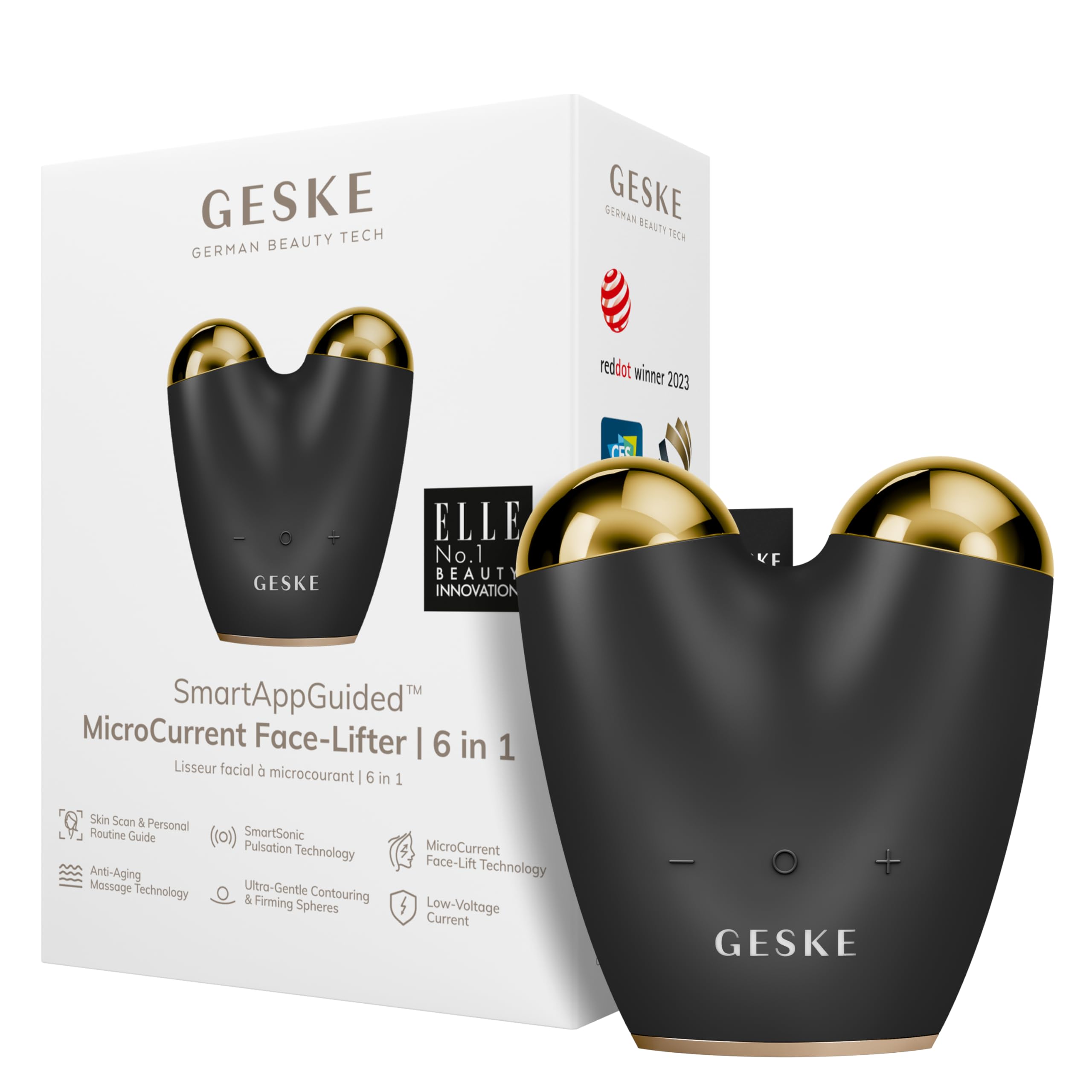 GESKE SmartAppGuided™ MicroCurrent Face-Lifter 6 in 1 Facial Lifting Face & Jawline Trainer Face Tightening Anti Ageing Device Microcurrent Against Wrinkles Double Chin Remover