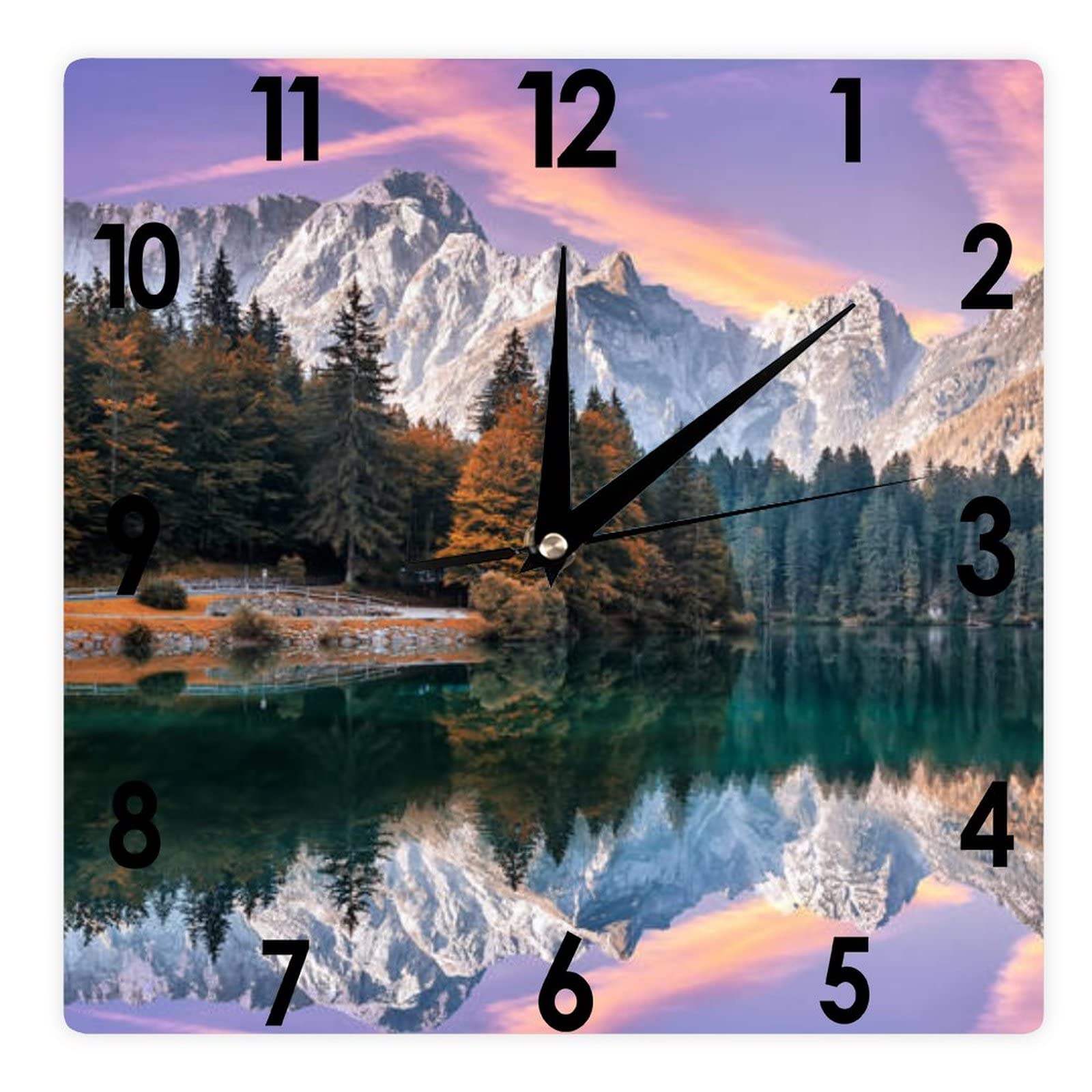 Higoss Square Wall Clock The Fusine Lake Under Sunlight Silent Non-Ticking Clock 12 Inch, Battery Operated Accurate Landscape/Cityscape Farmhouse/Home/Office Decor