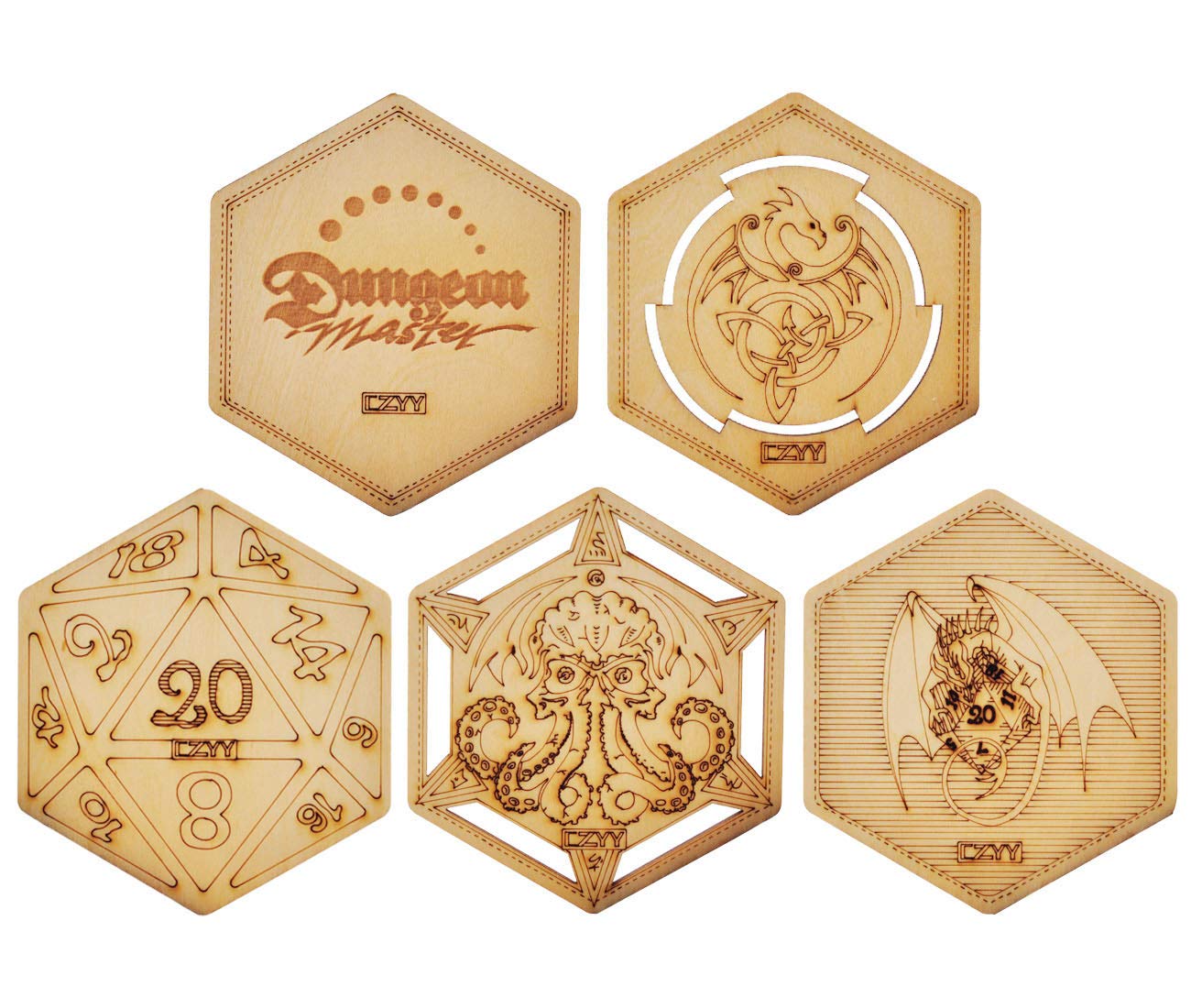 D&D Decorative Wood Coasters Cool & Unique Table Mug Cup Mats Laser Engraved with Dragon, D20 and Cthulhu (Set of 3)