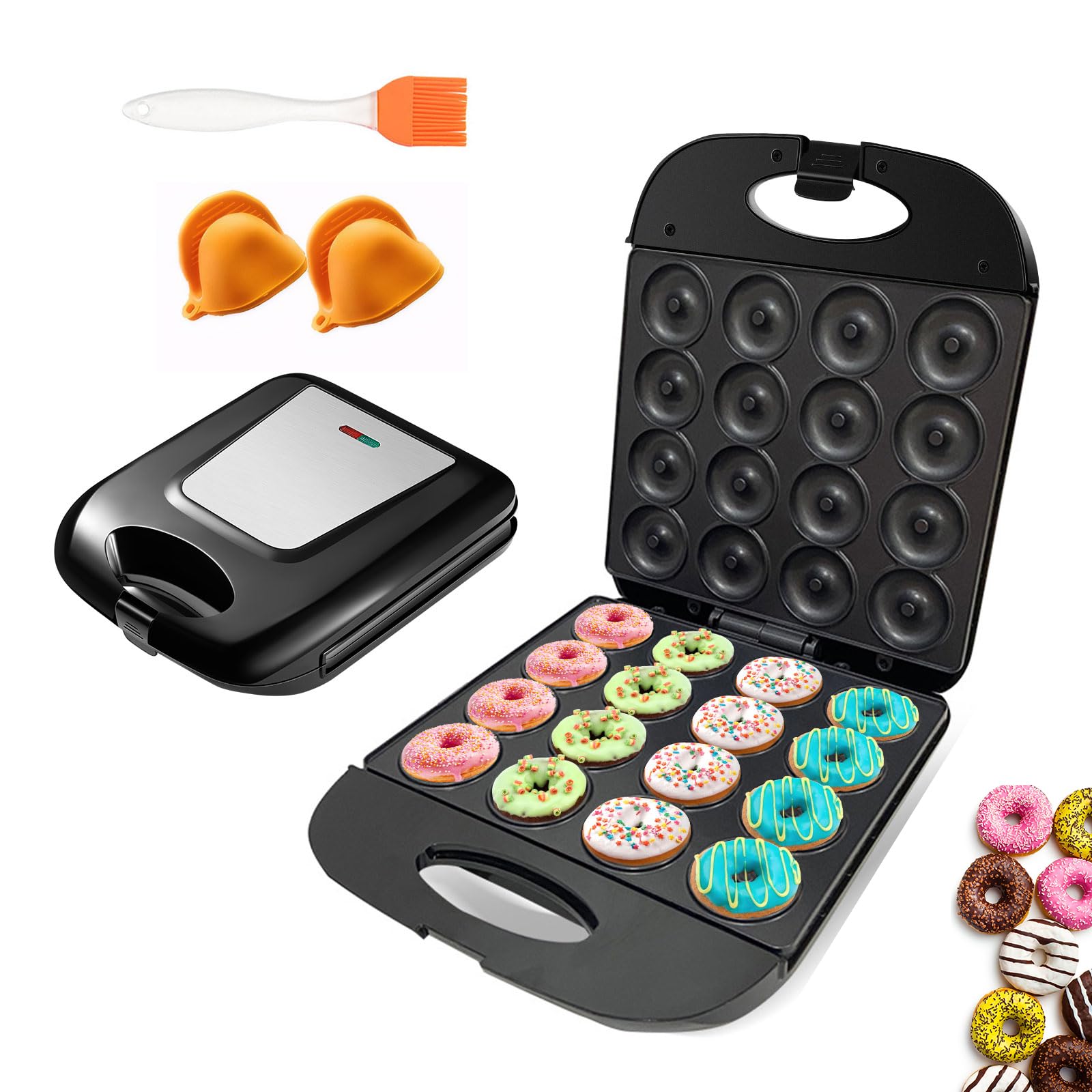 Mini Donut Maker Machine for Home, Kid-Friendly 16-Hole Electric Doughnut and Pancake Maker with Non-Stick Surface, Ideal for Homemade Doughnuts (Black with 1 Pair Mini Oven Gloves & Brush)