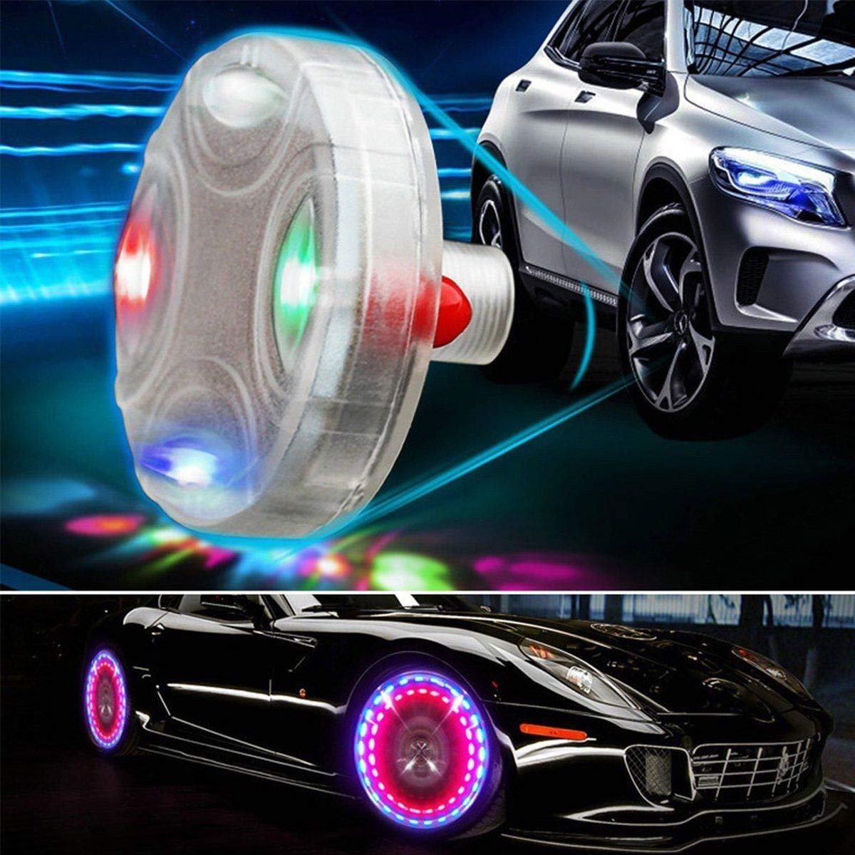 4 Pcs Flash Wheel Tire Light, MACHSWON Colorful LED Solar Wheel Hub Tire Lights, Tyre Valve Cap Strobe Lamp Waterproof Kit Four Modes for Car Vehicle Motorcycle Bike