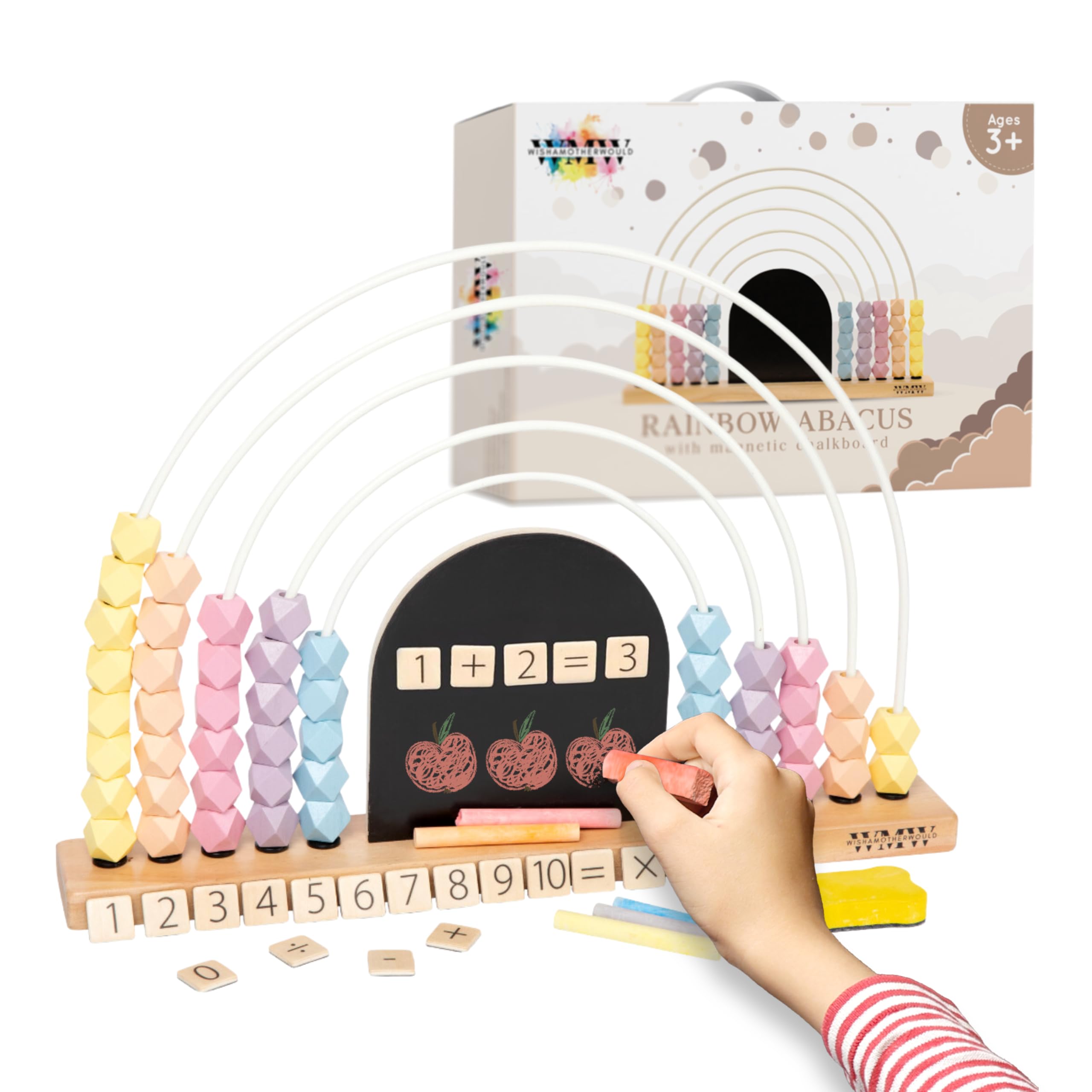 Large Pastel Rainbow Abacus for Kids Math with Magnetic Chalkboard - Learn Counting, Adding & Subtracting - Wooden Bead Maze - Educational Toys for 3 Year Old and Up - Montessori Toys - 17 inches