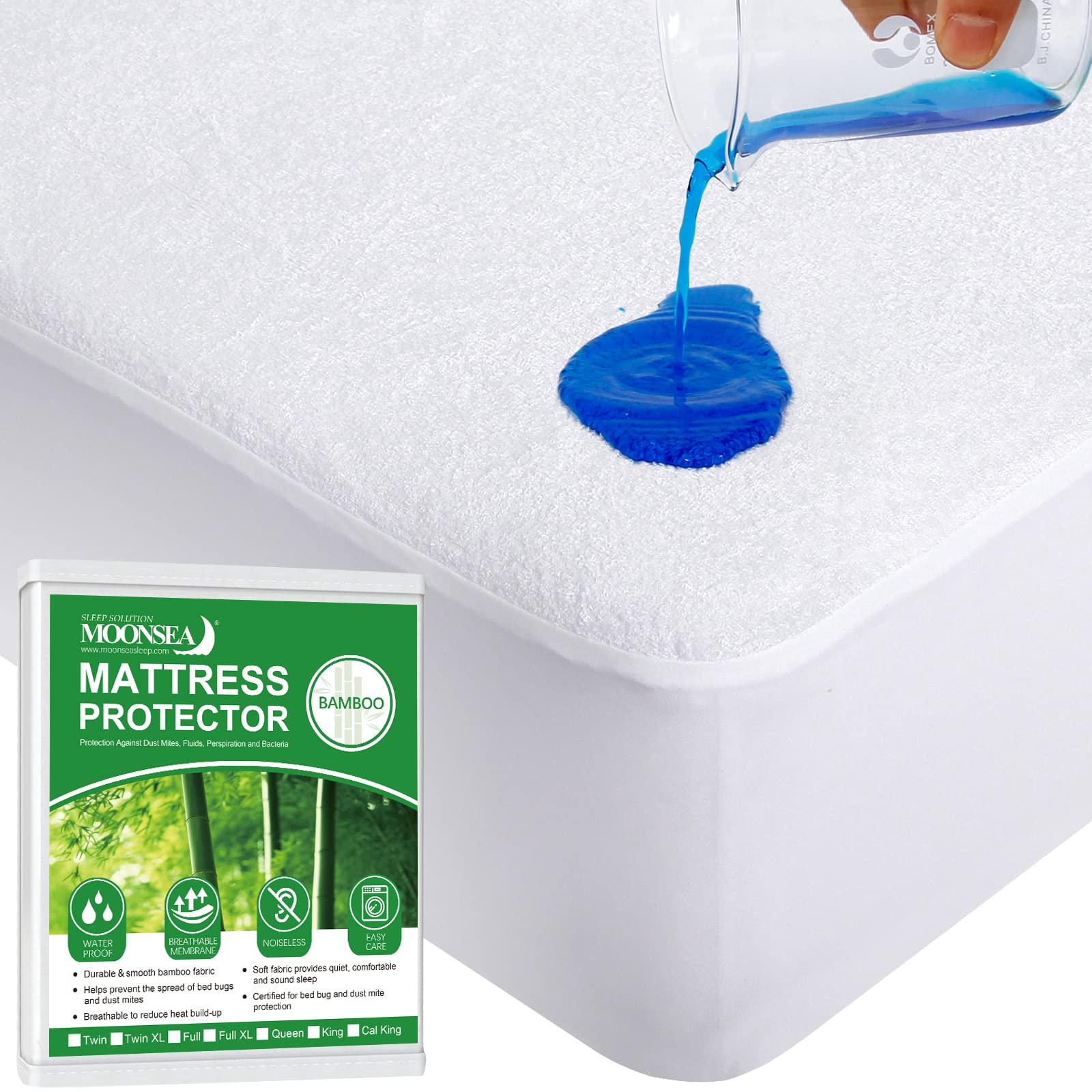 Moonsea Waterproof Mattress Protector Ultra Soft Bamboo Terry Twin XL Mattress Protector, Hypoallergenic Breathable Noiseless Mattress Pad Cover Fitted Up to 14" Deep Pocket