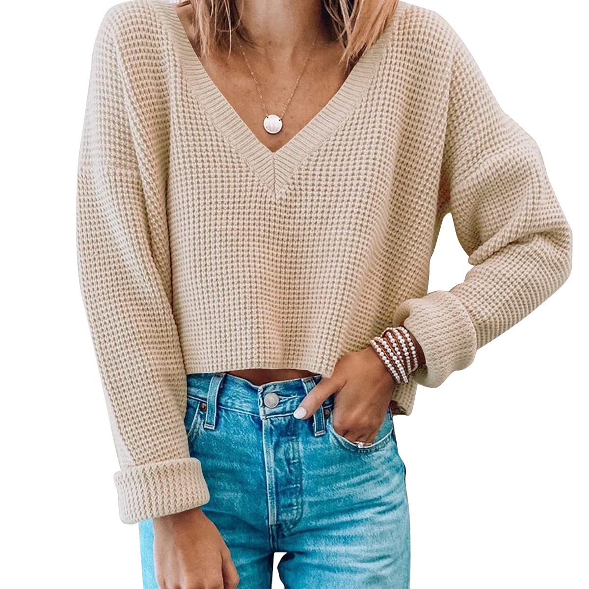 JumppmileWomens V Neck Waffle Knit Cropped Top Long Sleeve Pullover Crop Sweater