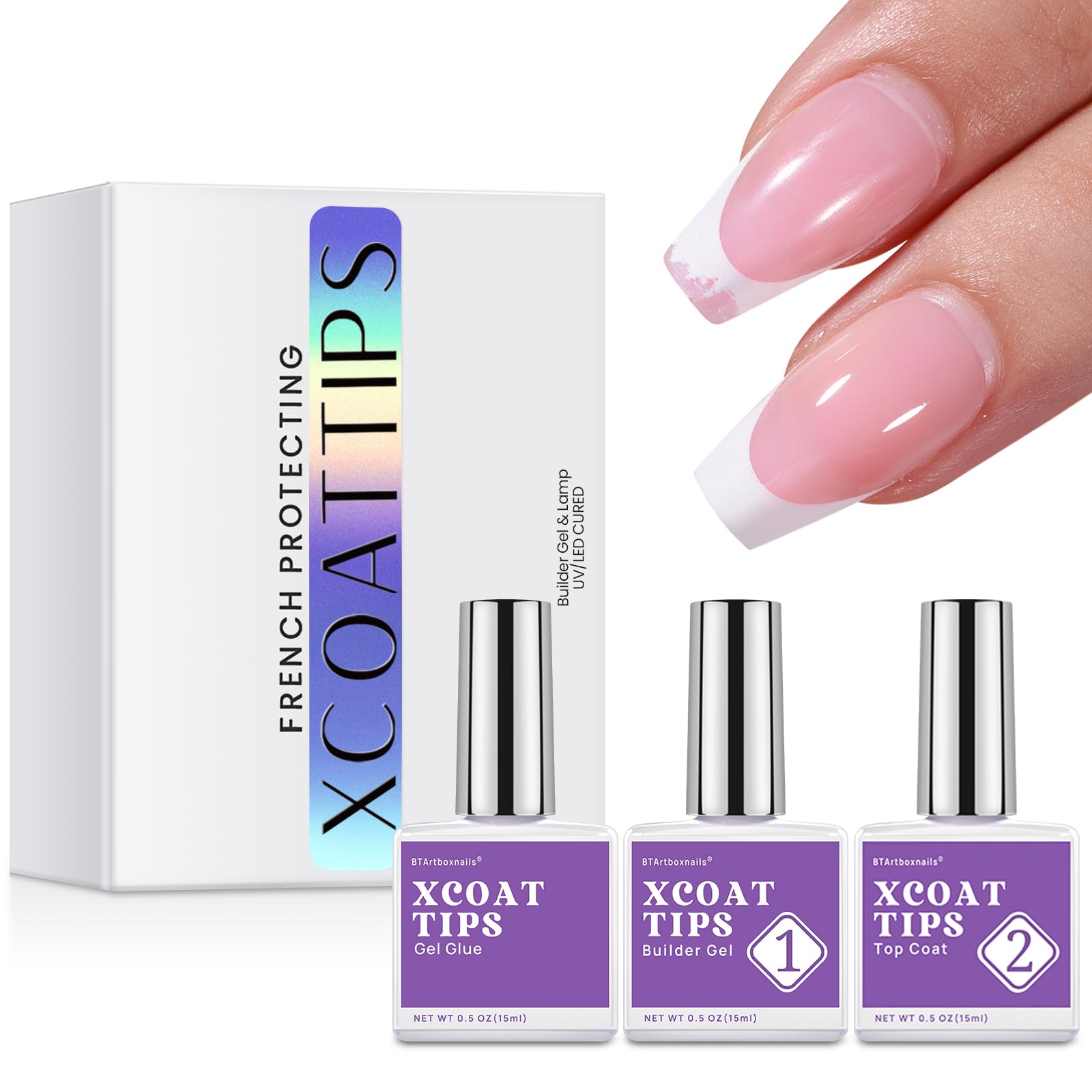 btartboxnails Nail Tips Builder Gel Set - 15ml Nail Tip Builder Gel 15ml Top Coat with Gel Nail Glue for French Tip Gel Nails 30+Days Long Lasting