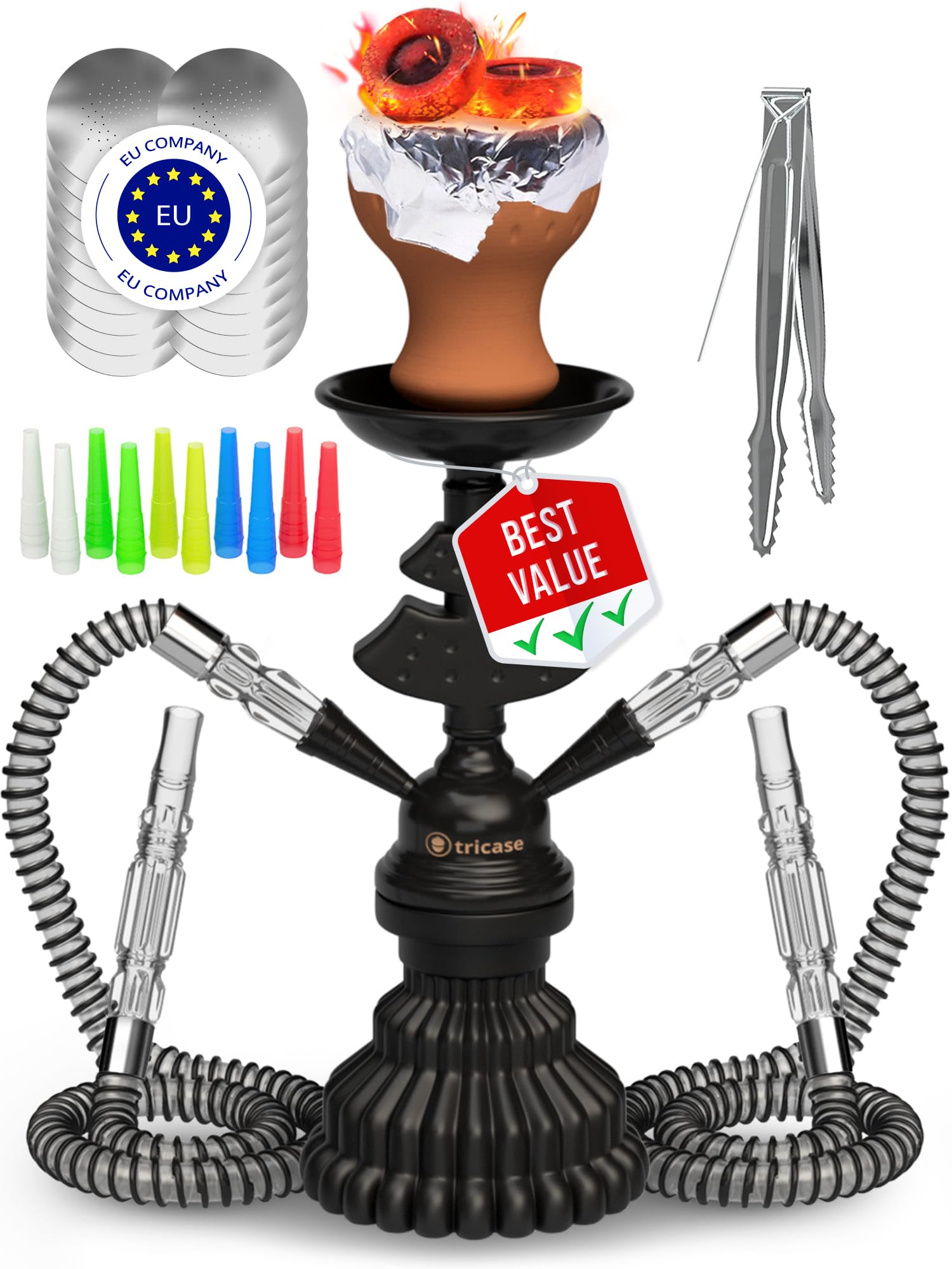 Portable Hookah set with everything - Hookah Set 2 Hose Hookah – LilOne 12” Black Mini Hookah 2 Hose Hookah Set with 50x Foil Hookah Bowl 10x Tips 2x Mouthpiece 2x Hookah Hose Tongs Hookah Kit