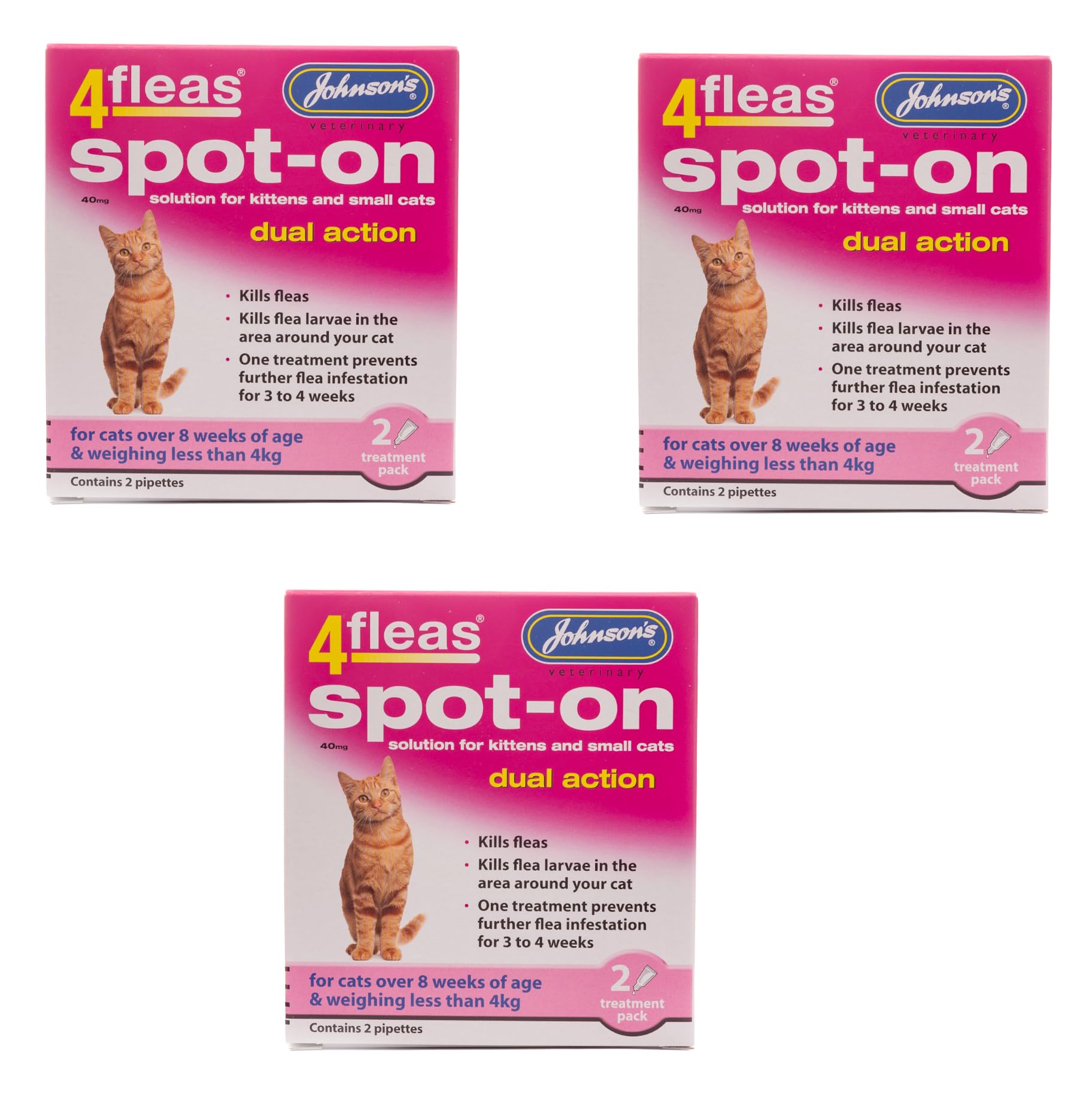 LEEWAY WOODWORK JOHNSONS 4FLEAS CAT - DUEL ACTION SPOT ON - +8 WEEKS BELOW 4KG WEIGHT (3X PACKS)