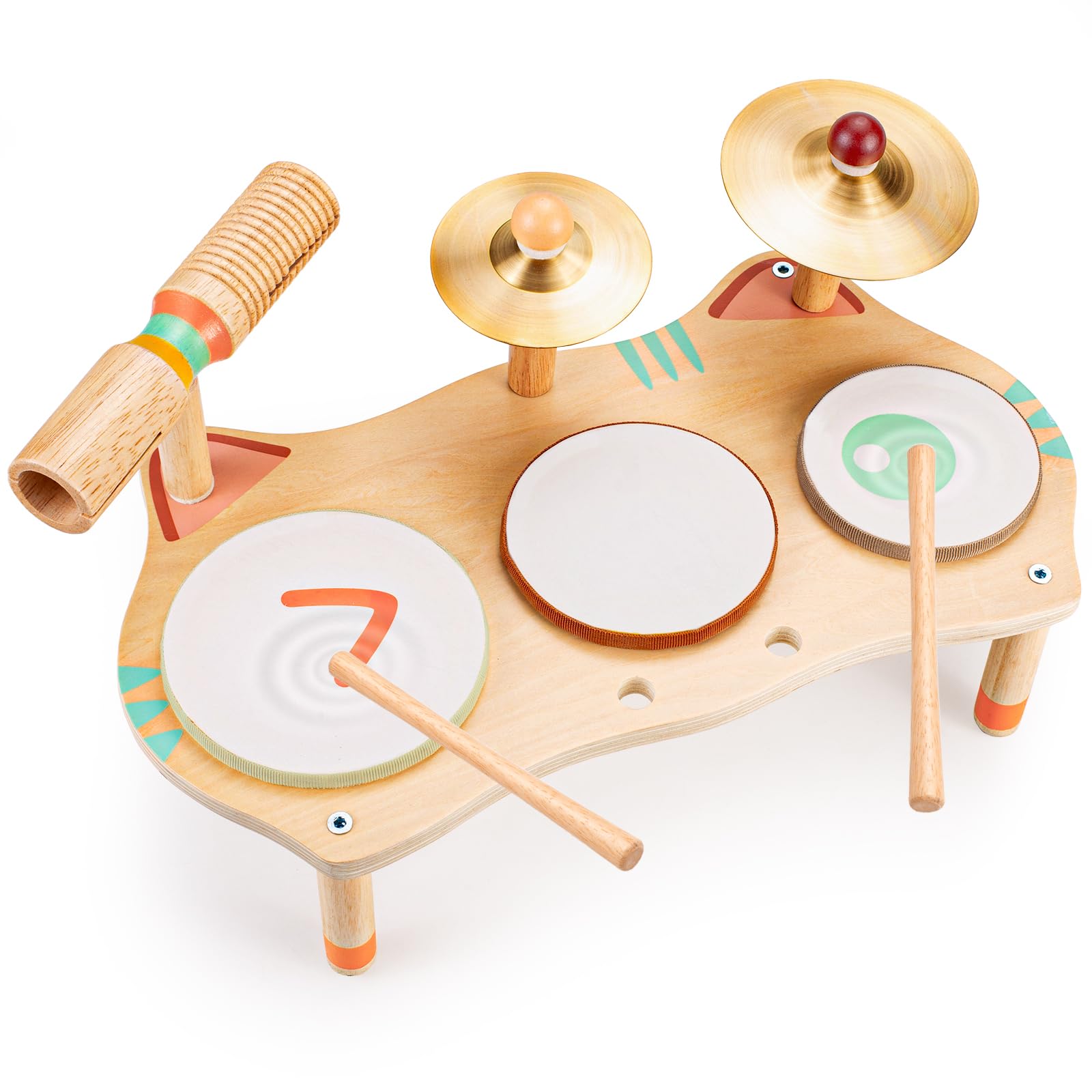 OATHX Kids Drum Set for Toddlers 1-3, All-in-One Montessori Musical Instruments - Wooden Music Toys for Baby 12-18 Months, Neutral Colors, Sensory Preschool Drum Kit, Birthday Gifts for Boys Girls