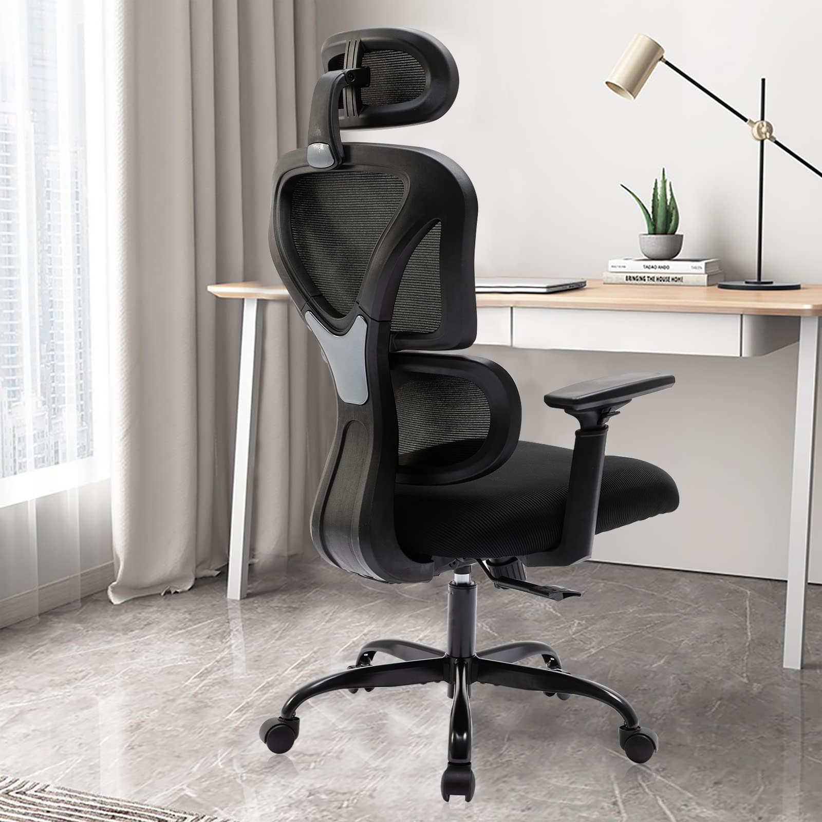 Ergonomic Office Chair, KERDOM Home Desk Chair, Comfy Breathable Mesh Task Chair, High Back Thick Cushion Computer Chair with Headrest and 3D Armrests, Adjustable Height Home Gaming Chair