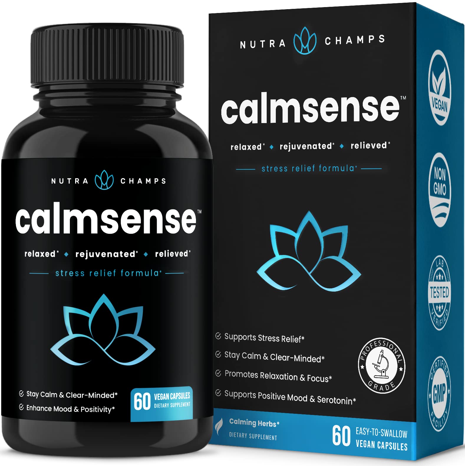 NutraChamps CalmSense Stress Relief Supplement - Calming Herbal Blend & Vitamin B Complex - Keep Your Mind & Body Relaxed, Focused & Positive - Supports Serotonin Increase, Boosts Mood