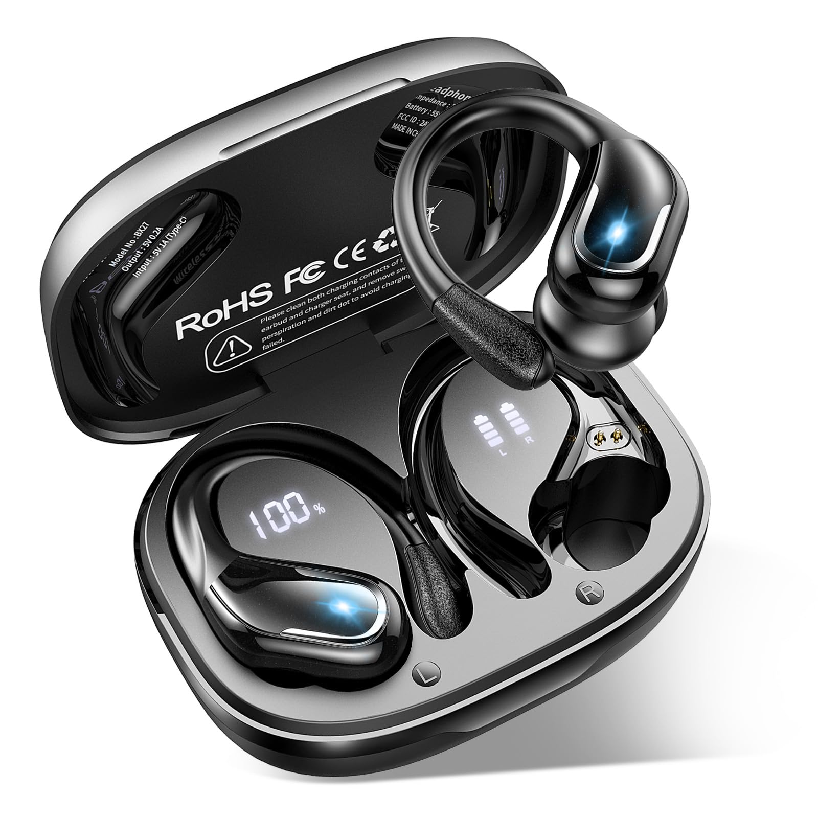 Wireless Earbuds, Ltinist Bluetooth 5.3 Headphones, Wireless Earphones 75H Playtime and HiFi Stereo Sound with Mic, Dual LED Display, IP7 Waterproof in Ear EarHooks, USB-C, Headsets for Sport, Running