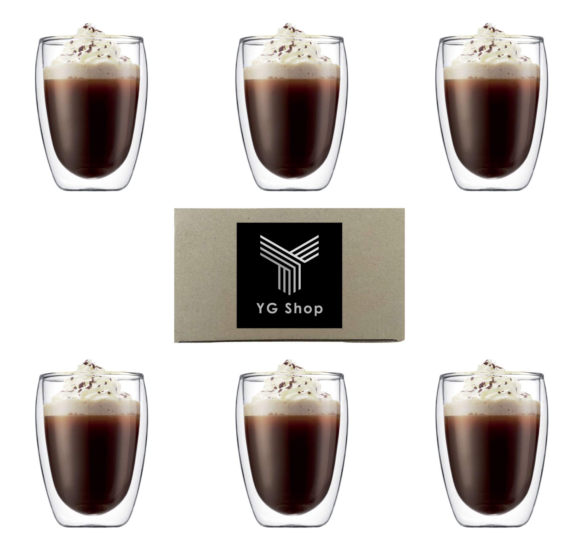 YG Shop Double Walled Cup Glasses for Cappuccino Coffee, Tea Cups, Latte Cups and Beverage. Mugs for Hot and Cold Drinks. (350ml 6pcs)