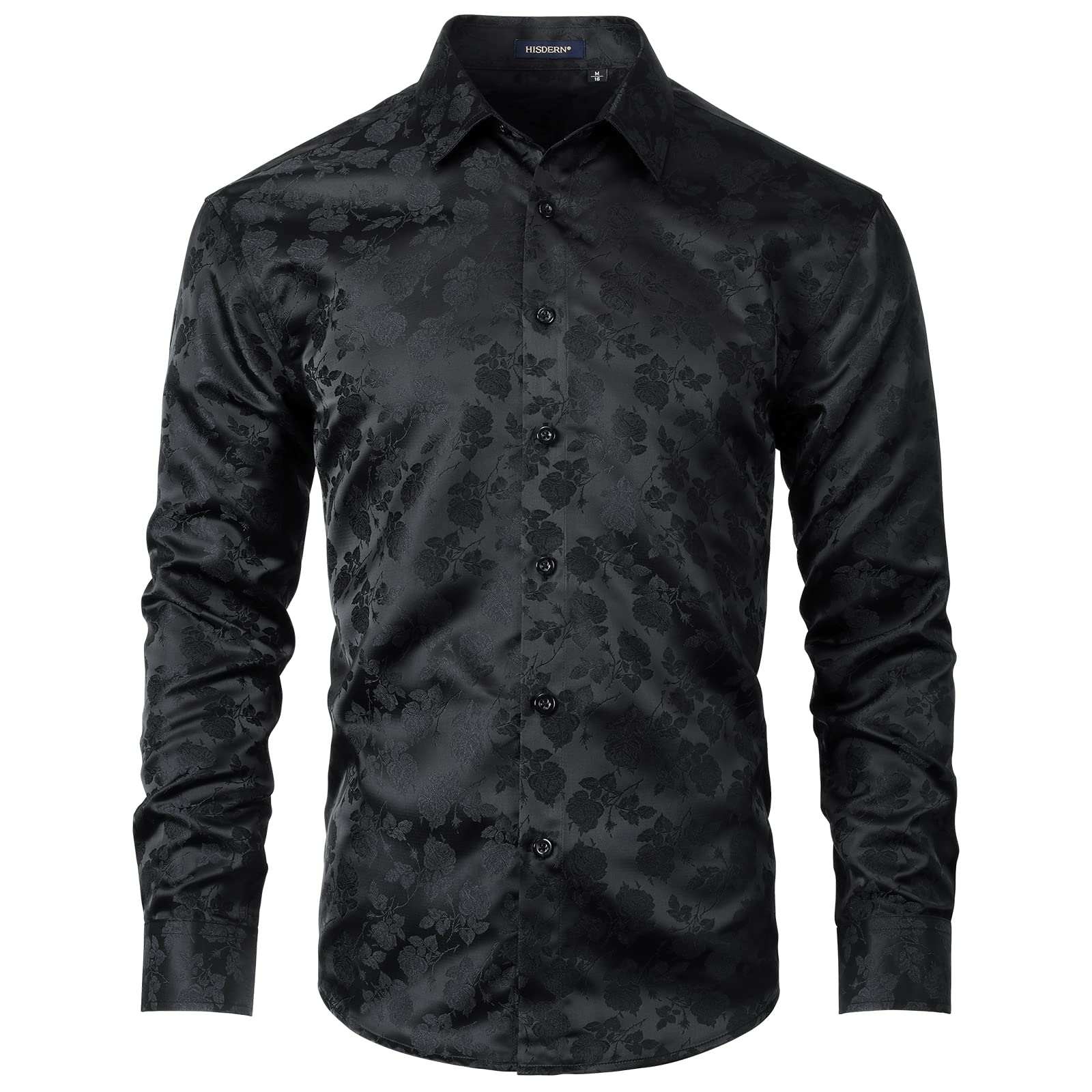 EnlisionMen's Shiny Satin Dress Shirts Luxury Floral Jacquard Silk Like Shirt Long Sleeve Wedding Party Prom Button Down Shirts