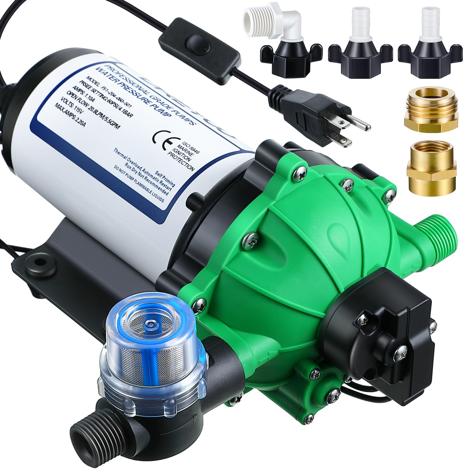 Dreyoo Water Diaphragm Pump, 115V AC, 5.5 GPM, 60 PSI Rated Pressure, 1/2" Threaded MNPT Self Priming Diaphragm Pressure Pump with Pressure Switch for Home, RV, Garden Agricultural Irrigation (Green)