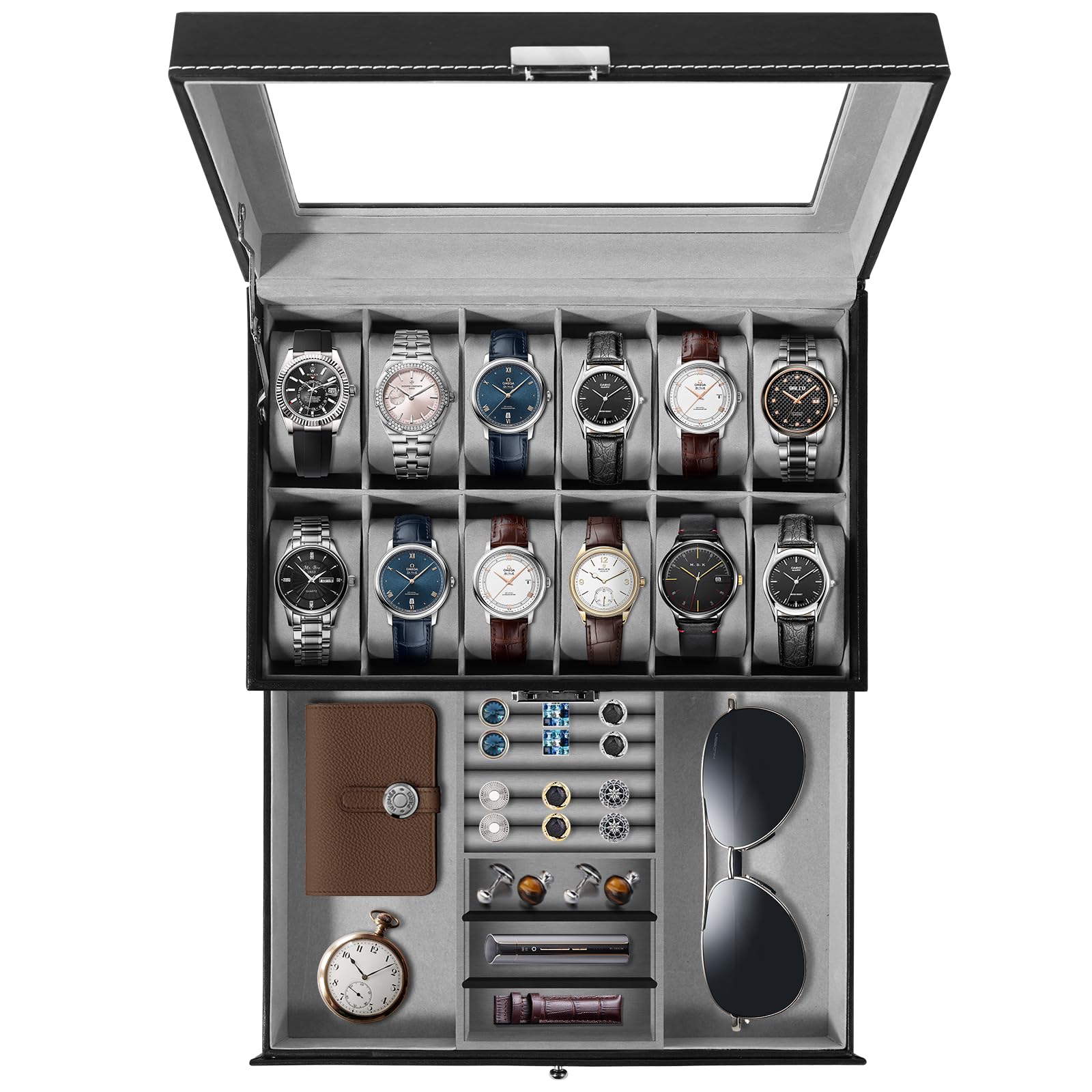 Uten Watch Box 12 Slots, 2-Tier Watch Storage Box with Key Lock, Glass Lid, Men/Women Watch Display Case, Black Synthetic Leather, Grey Velvet Lining, Jewellery Box for Watch, Rings, Bracelets