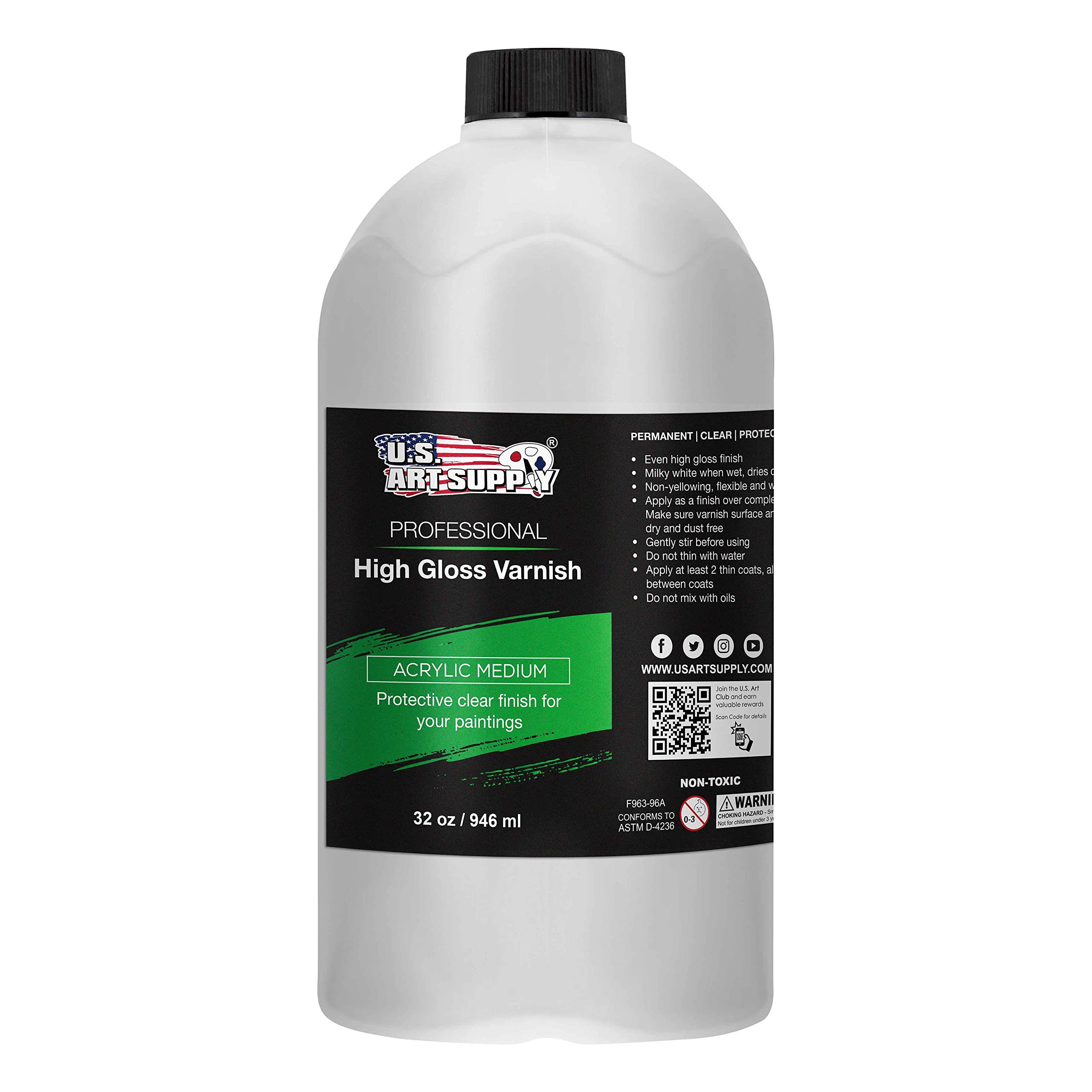 U.S. Art SupplyProfessional High Gloss Varnish, 32 oz (Quart) - Acrylic Medium, Clear Permanent Protective Finish for Paintings & Artwork, Apply Over Dry Acrylic Paint - Glossy Shine, UV Protection