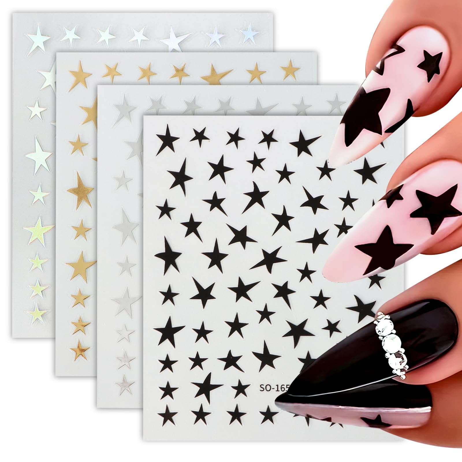 4 Sheets Star Nail Stickers 3D Gold Silver Black Christmas Star Manicure Decals Self Adhesive Nails Decoration