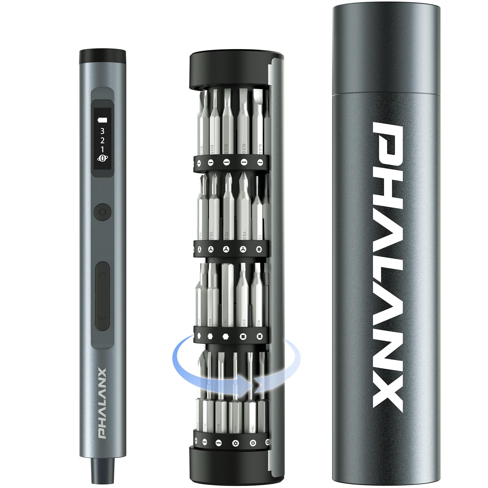 PHALANX Mini 3.7V Electric Screwdriver - Precision Screwdriver Set with 60-in-1 Magnetic Bits, Magnetic Rotatable Rack, 5/32''Hex, Electric Screwdriver Cordless for Phone, Camera, Laptop, Watch