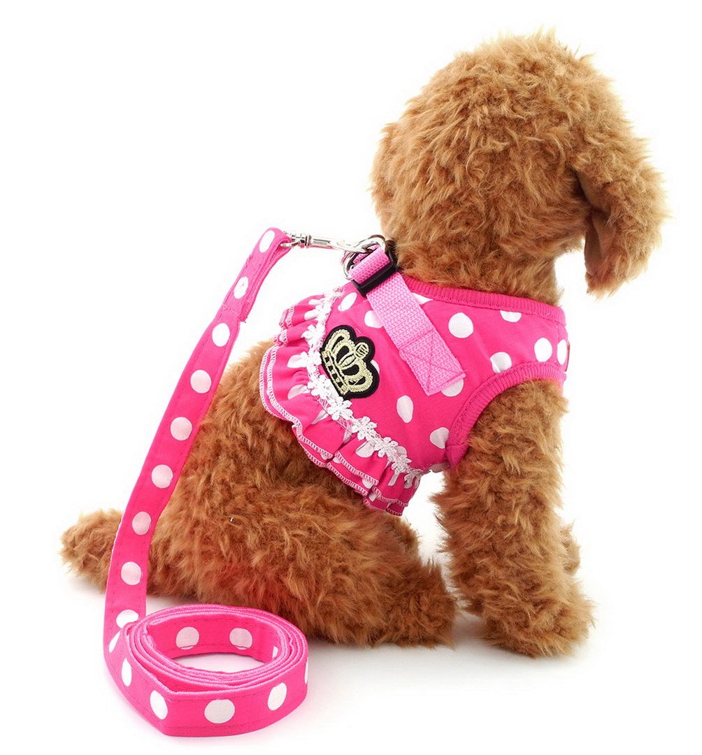 SELMAI Puppy Cat Girl Dog Ruffles Polka Dots Small Dog Vest Harness Lead Set Mesh Padded No Pull Pink XL