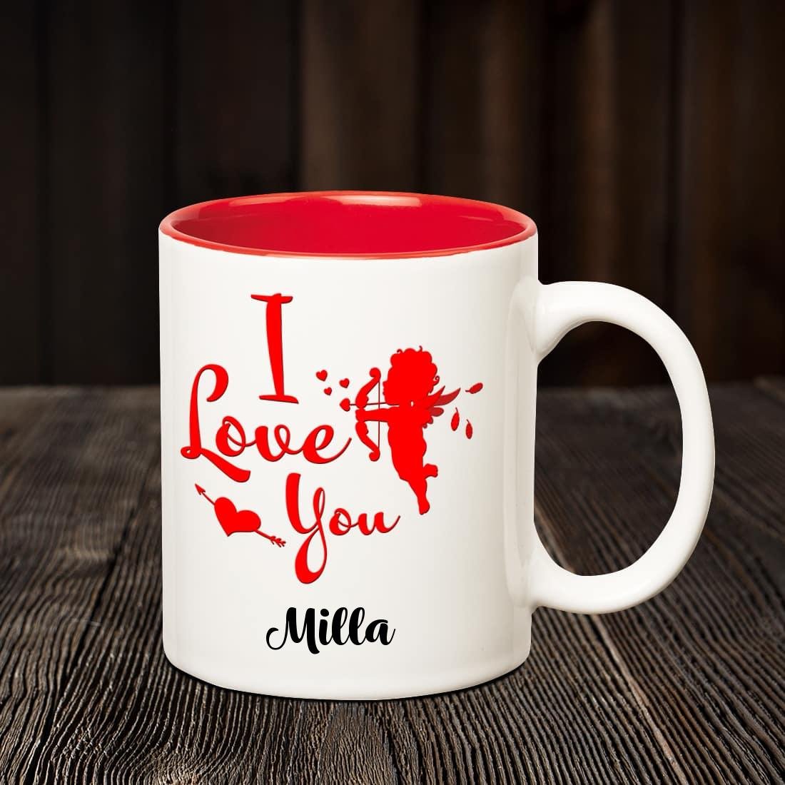 Chanakya Ceramic I Love You Milla Romantic Inner Red Coffee Name Mug, Multicolor, 350 Ml