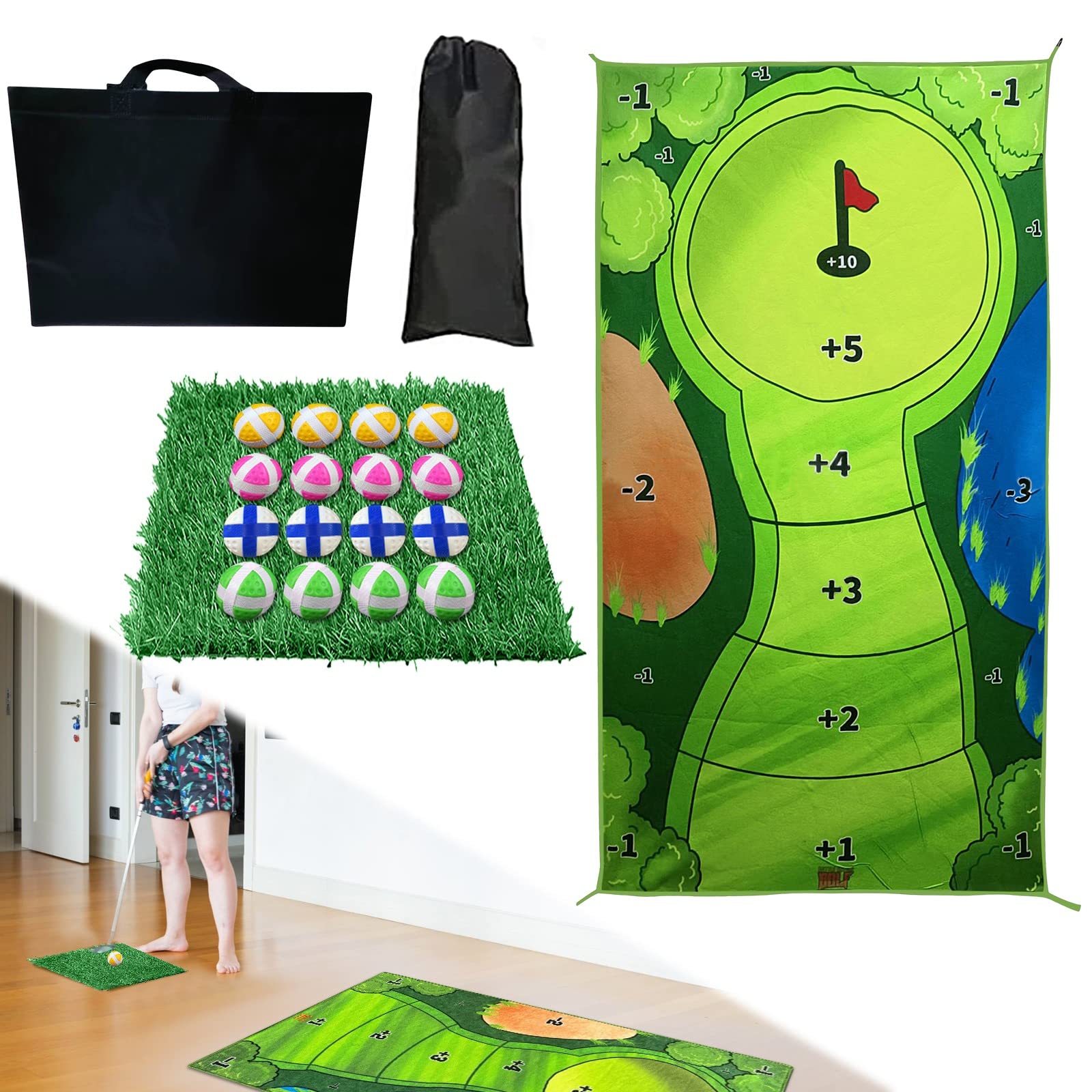 Puimentiua Casual Golf Game Set Mini Indoor Golf Game Set Golf Practice Mat Golf Putting Practice Tools Adult Kid Golf Training Aid Equipment(Including Storage Bag)