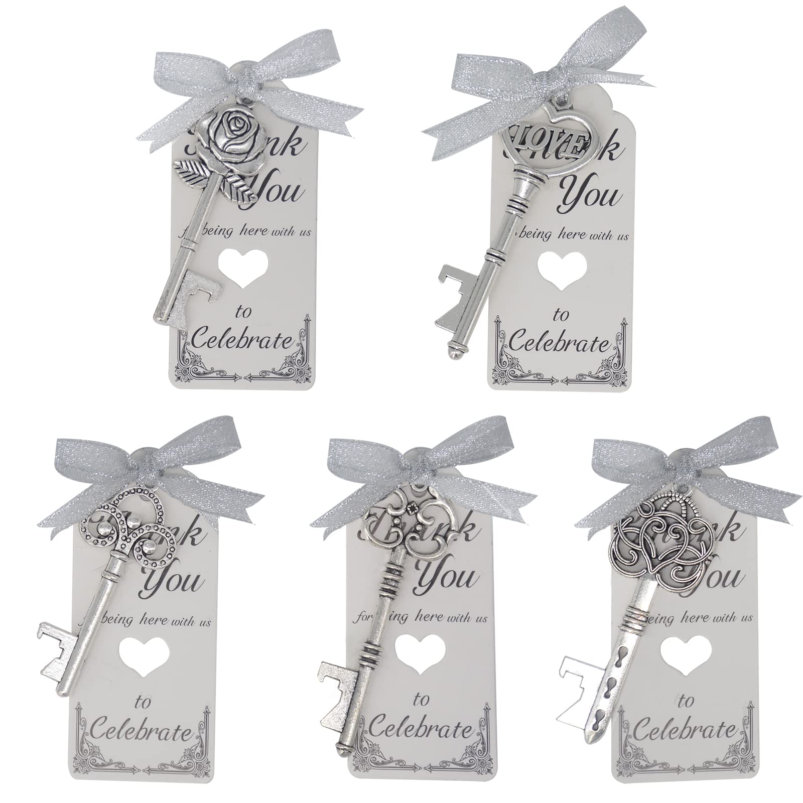 Skeleton Key Bottle Opener Wedding Favors Makhry 100pcs Guests Souvenir Gift set with Thank You Crads and Ribbons for Wedding Bridal Shower Party Favors(Silver)