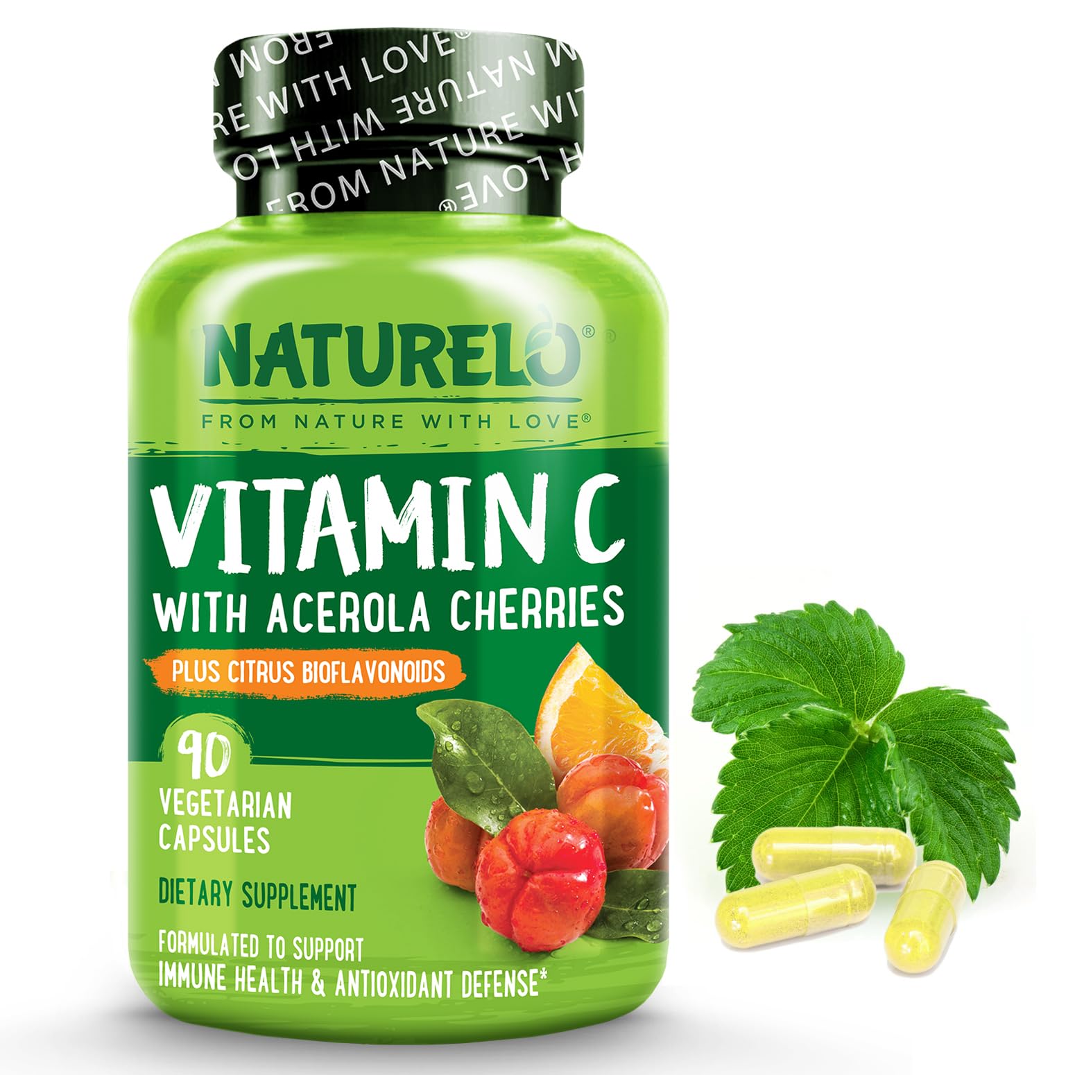 NATURELO Vitamin C with Organic Acerola Cherry Extract and Citrus Bioflavonoids - Vegan Supplement - Immune Support - 500 mg VIT C per Cap - Non-GMO - 90 Capsules