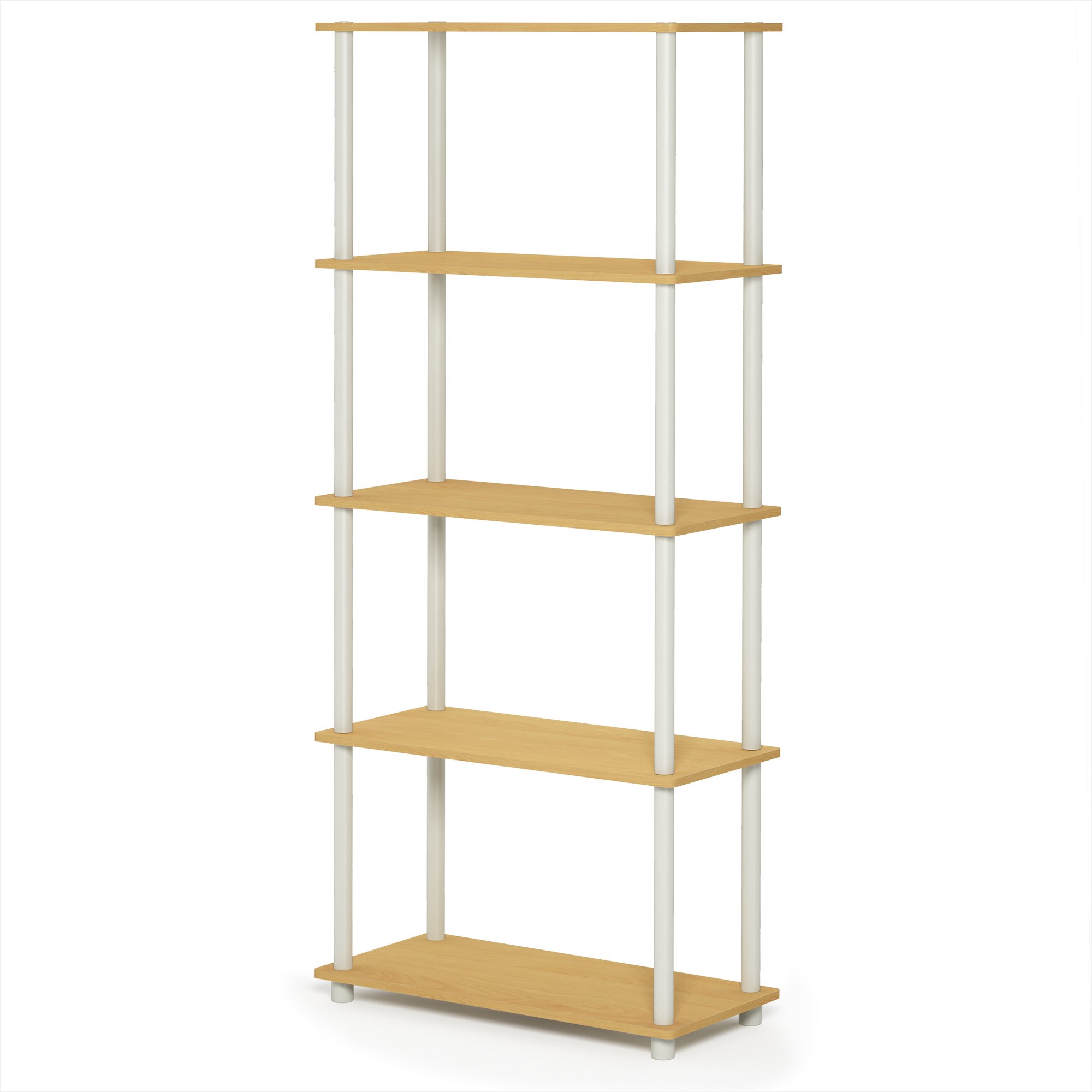 FurinnoTurn-N-Tube 5-Tier Multipurpose Shelf / Display Rack / Storage Shelf / Bookshelf, Round Tubes, Beech/White