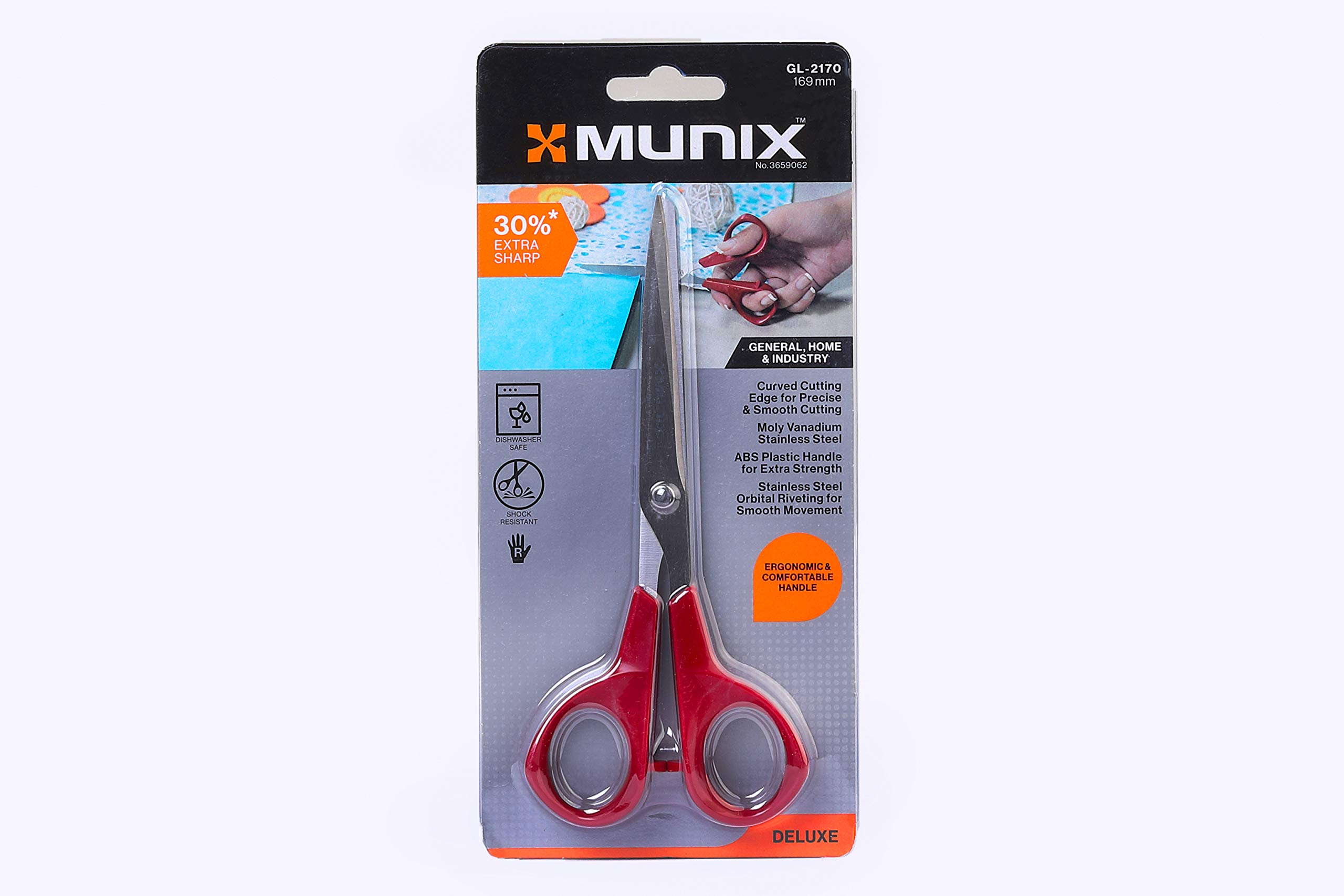 Munix GL-2170 169 mm / 6.6" Stainless Steel Scissors | Round Tip with Curved Blades with Shock Proof Body | Ergonomic & Comfortable Handles | Red, Pack of 1 - Color May Vary