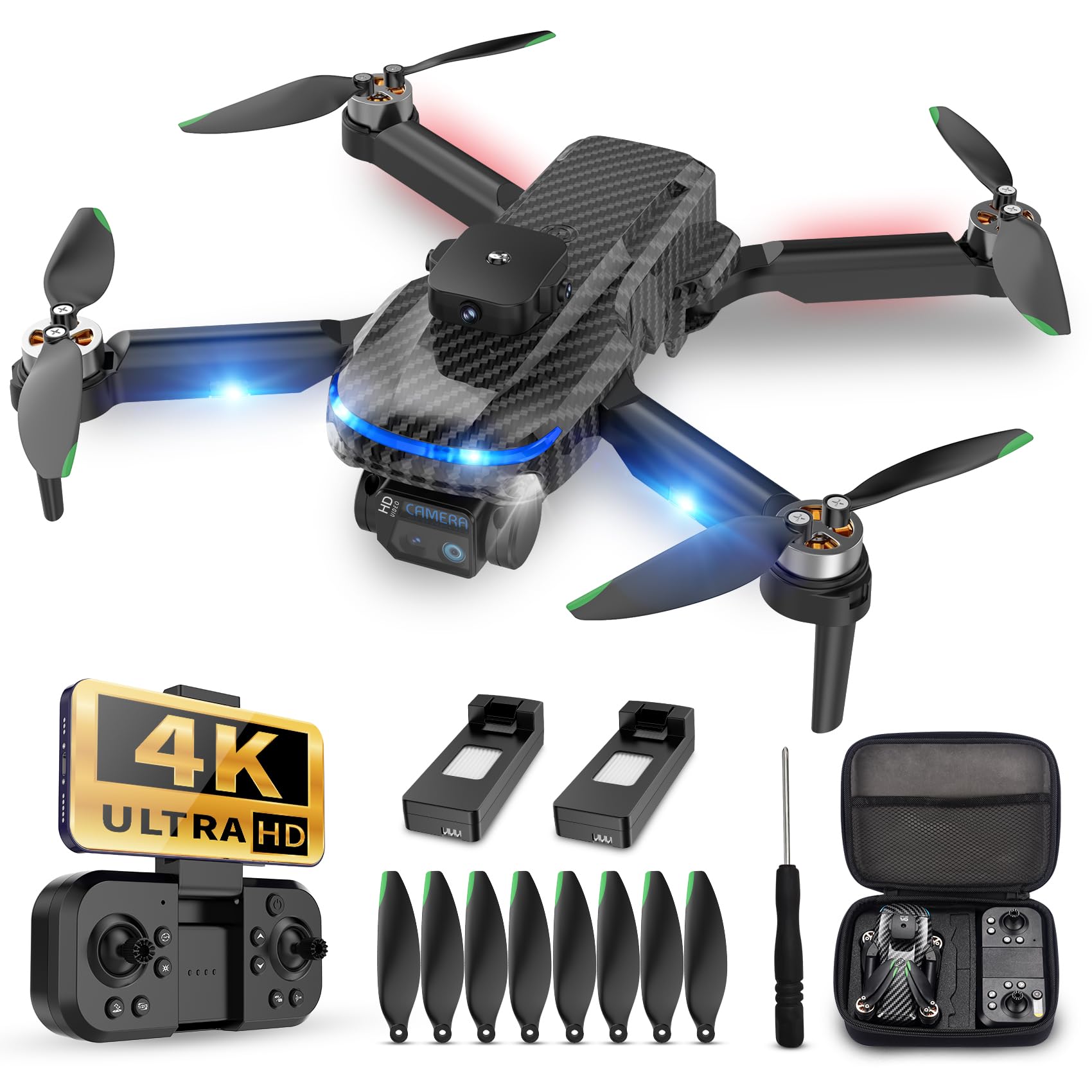 Carbon Fiber Shell 2K Camera Drone,Dual Camera,Four-Sided Obstacle Avoidance,One-Button Lift/Land,2 Modular Batteries,for Children and Beginners