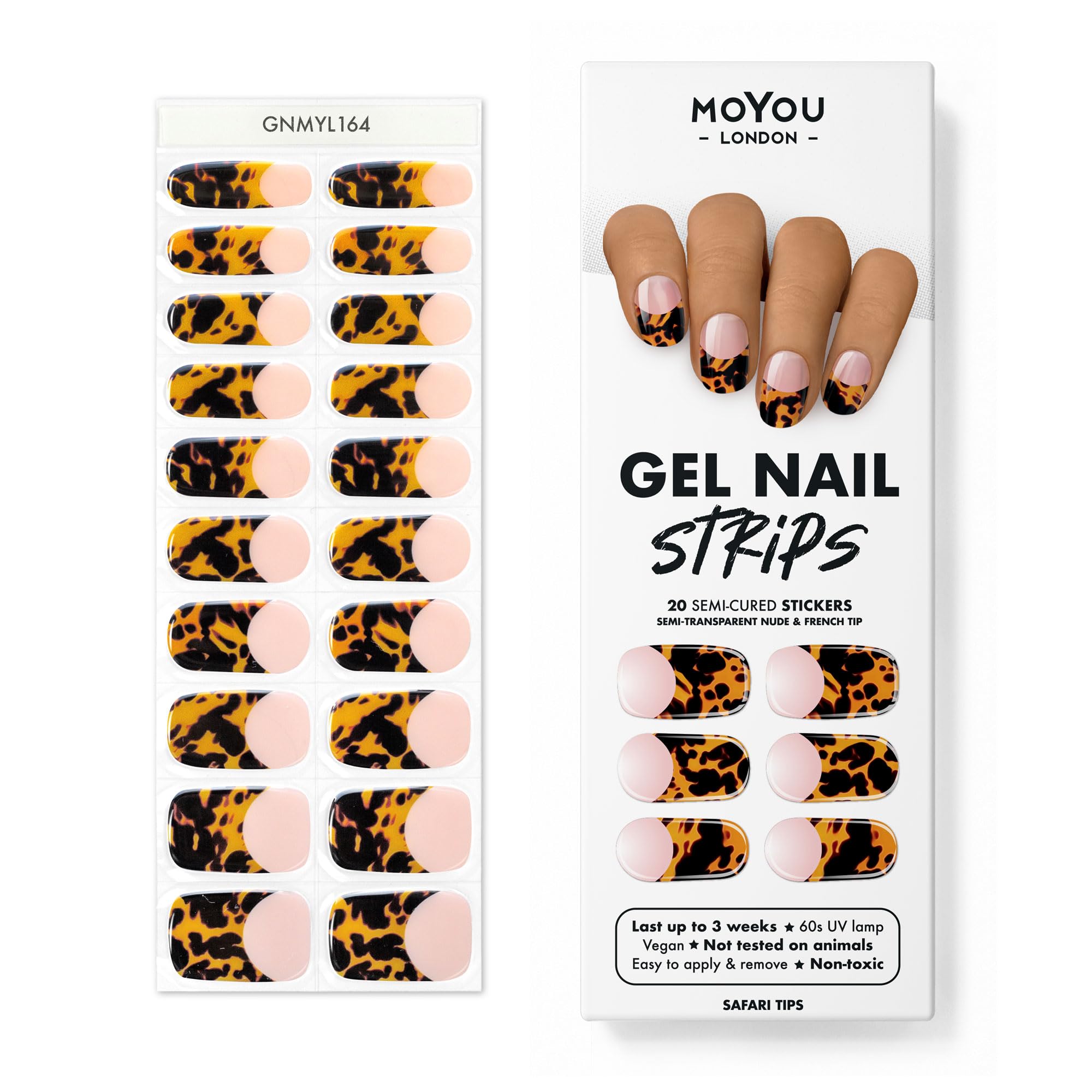 MOYOU LONDON Semi Cured Gel Nail Wraps, 20 Pcs Gel Nail Polish Strips for Salon-Quality Manicure Set with Nail File & Wooden Cuticle Stick (UV/LED Lamp Required) - Safari Tips