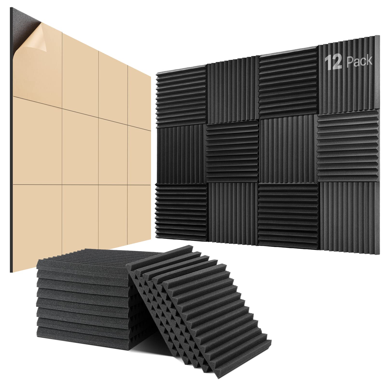 12 Pack Acoustic Foam,Kuchoow 1" X 12" X 12" Soundproof Wall Panels with Self-Adhesive,Fire-Proofed and High Density Sound Proof Foam Panels For Walls Home Studio,Black