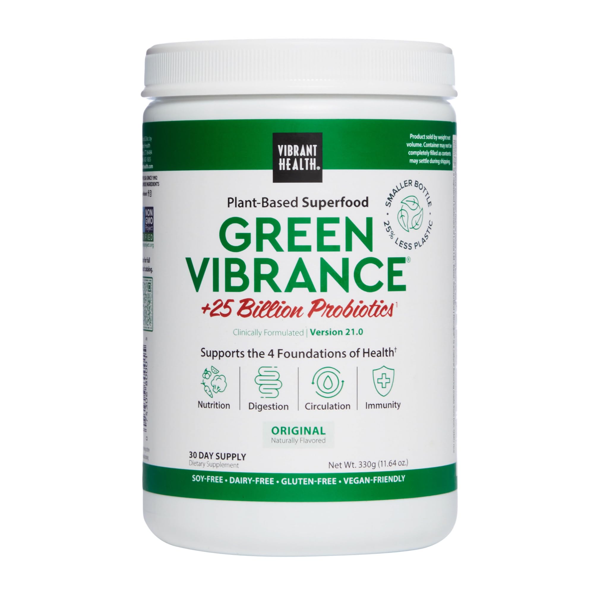 Vibrant HealthGreen Vibrance, Plant-Based Superfood to Support Immunity, Digestion, and Energy with Over 70 Ingredients, 25 Billion Probiotics, Gluten Free, Non-GMO, Vegetarian, 30 Servings