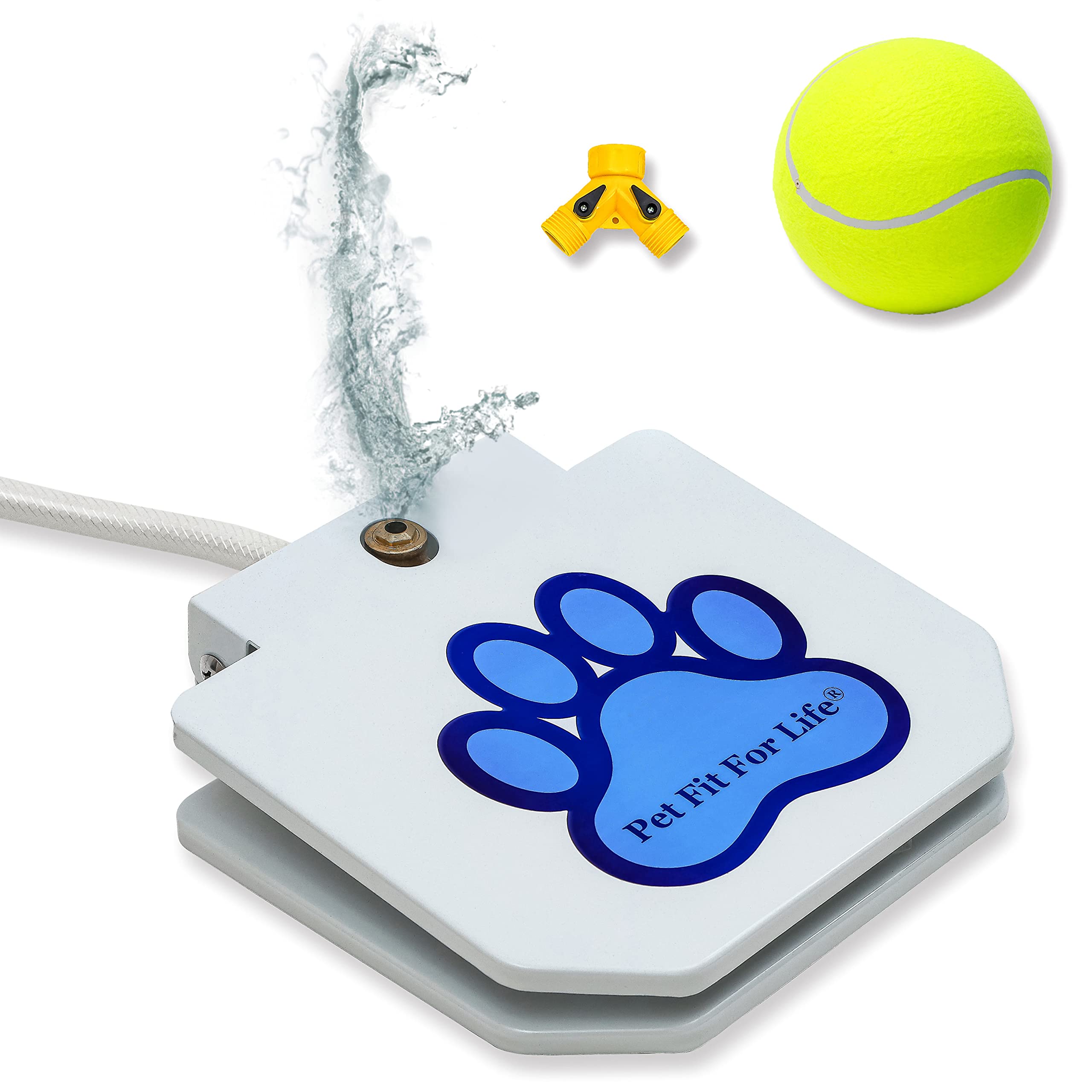 Pet Fit For Life Dog Pedal Water Fountain - Step-On Dog Sprinkler/Water Hose Dog Toy for Drinking and Water-Play, Includes Giant Tennis Ball