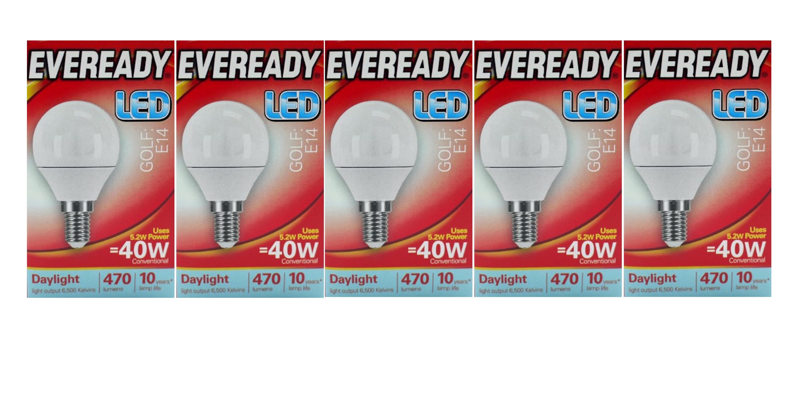 EvereadyE14 Bulb LED Golf (SES) 470 lumens 5.2 Watt Daylight 6500k. Pack of 5 Bulbs