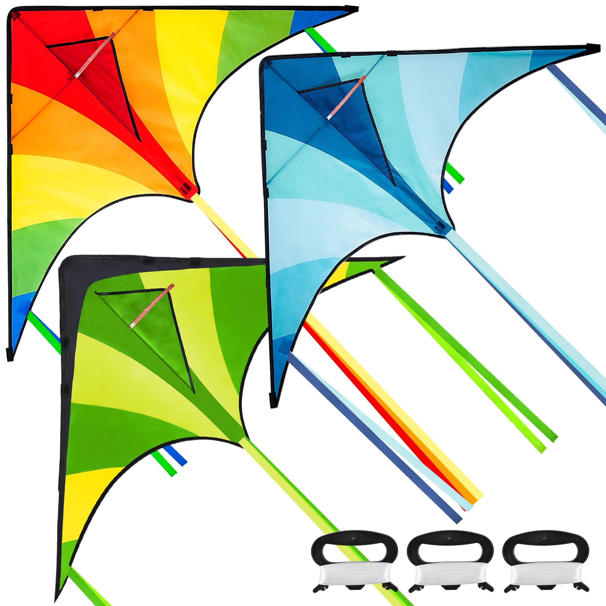 JOYIN 3 Packs Large Delta Kite Green, Blue and Rainbow, Easy to Fly Huge Kites for Kids with 262.5 ft Kite String, Large Delta Beach Kite for Outdoor Games and Activities