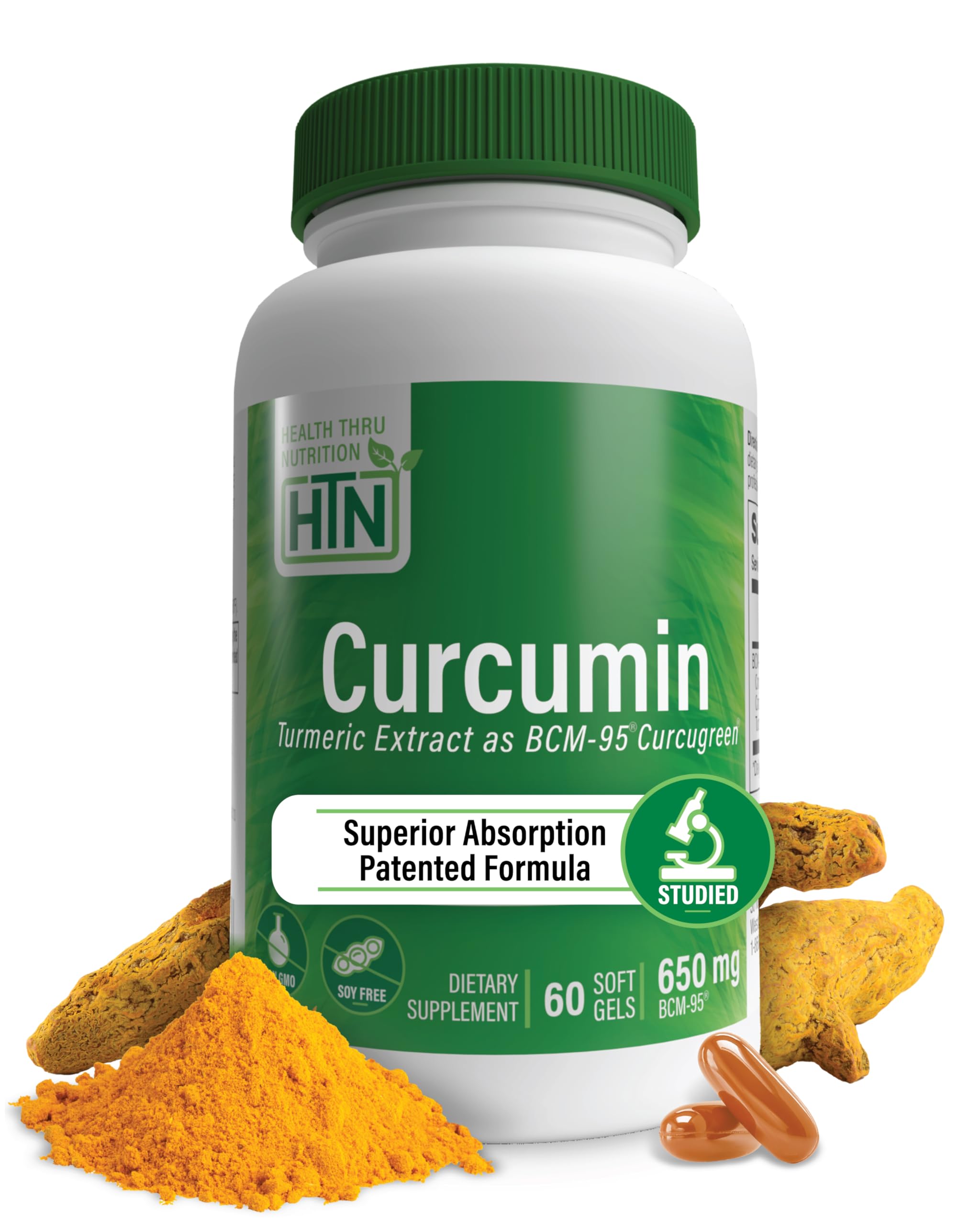 Health Thru Nutrition Curcumin 650mg BCM-95 Curcugreen | Turmeric Curcumin Complex | High Absorption | Healthy Inflammation Response | Clinically Studied | 3rd Party Tested | Non-GMO (Pack of 60)