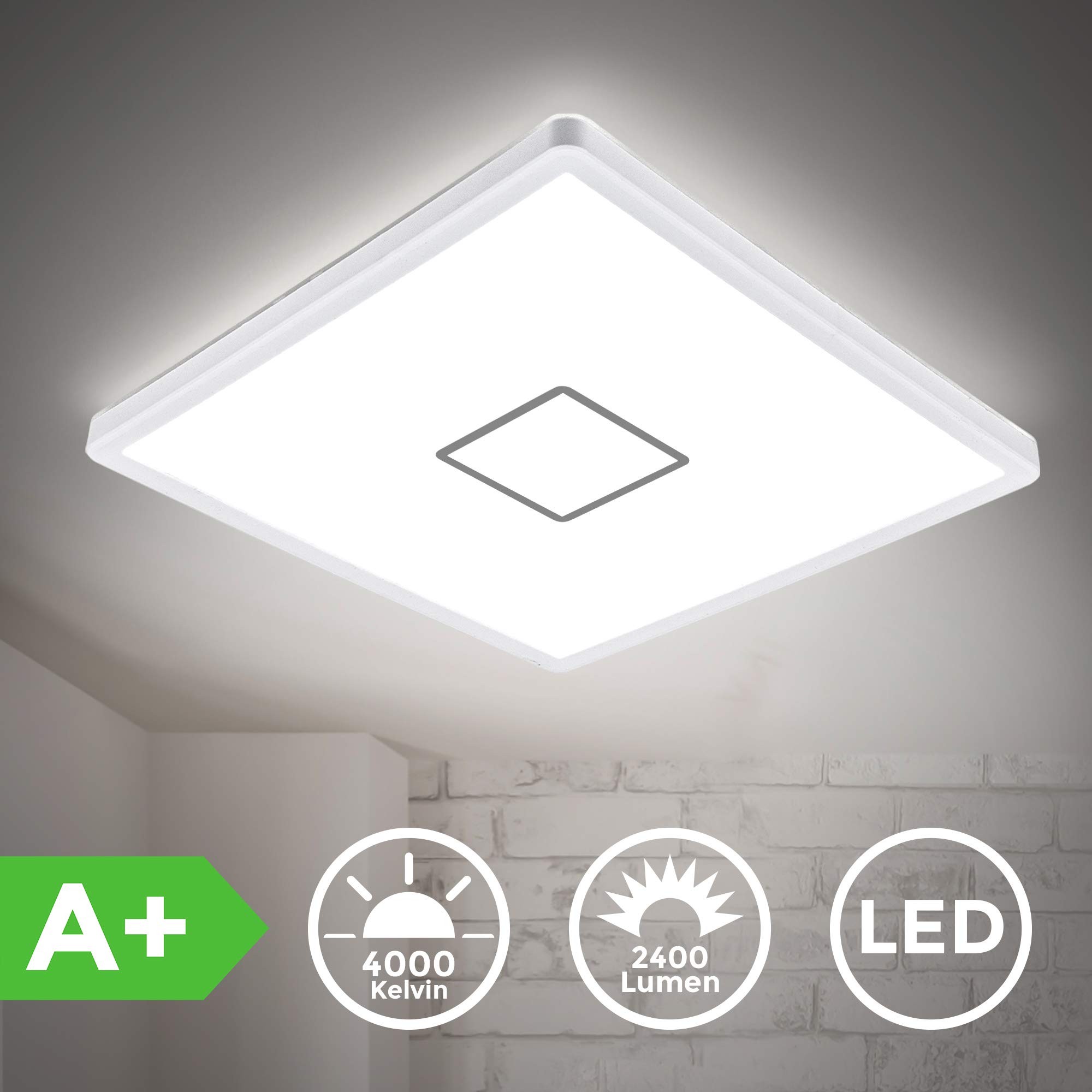 B.K.LichtLED Ceiling Light, ultra-thin, Built-in 18W LED Board, 4000K Natural White 2400Lm, height 1.1in, square, side 11.53in, Flush mount, Modern light fitting for Office, Dining room, Kitchen IP20