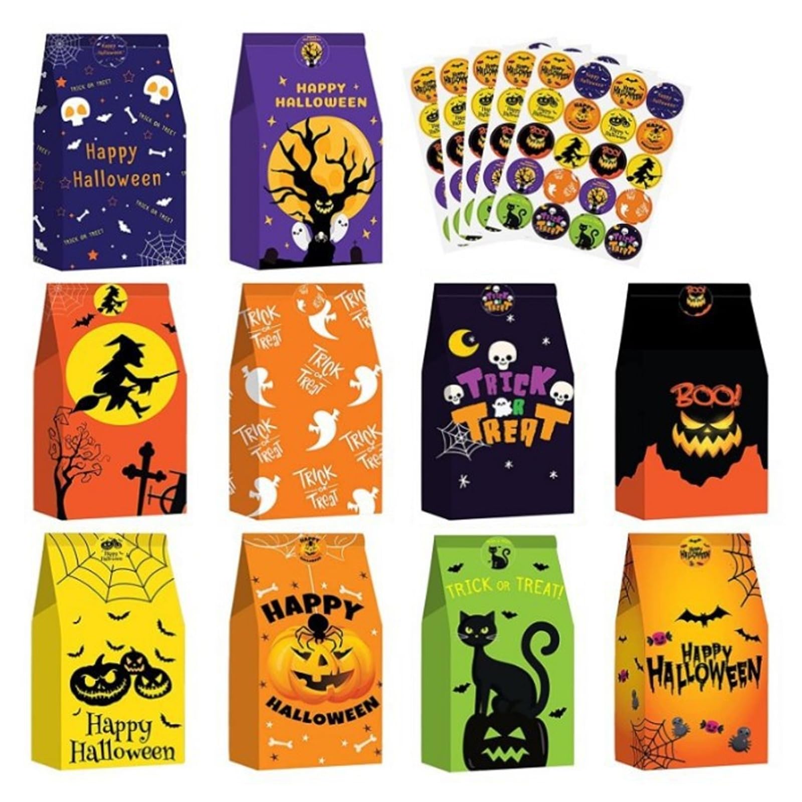 bueziiu Halloween Treat Bags 48pcs Halloween Trick or Treat Candy Bags for Kids Teens and Adults 60 pcs Halloween Stickers Halloween Paper Bags for Party Favors