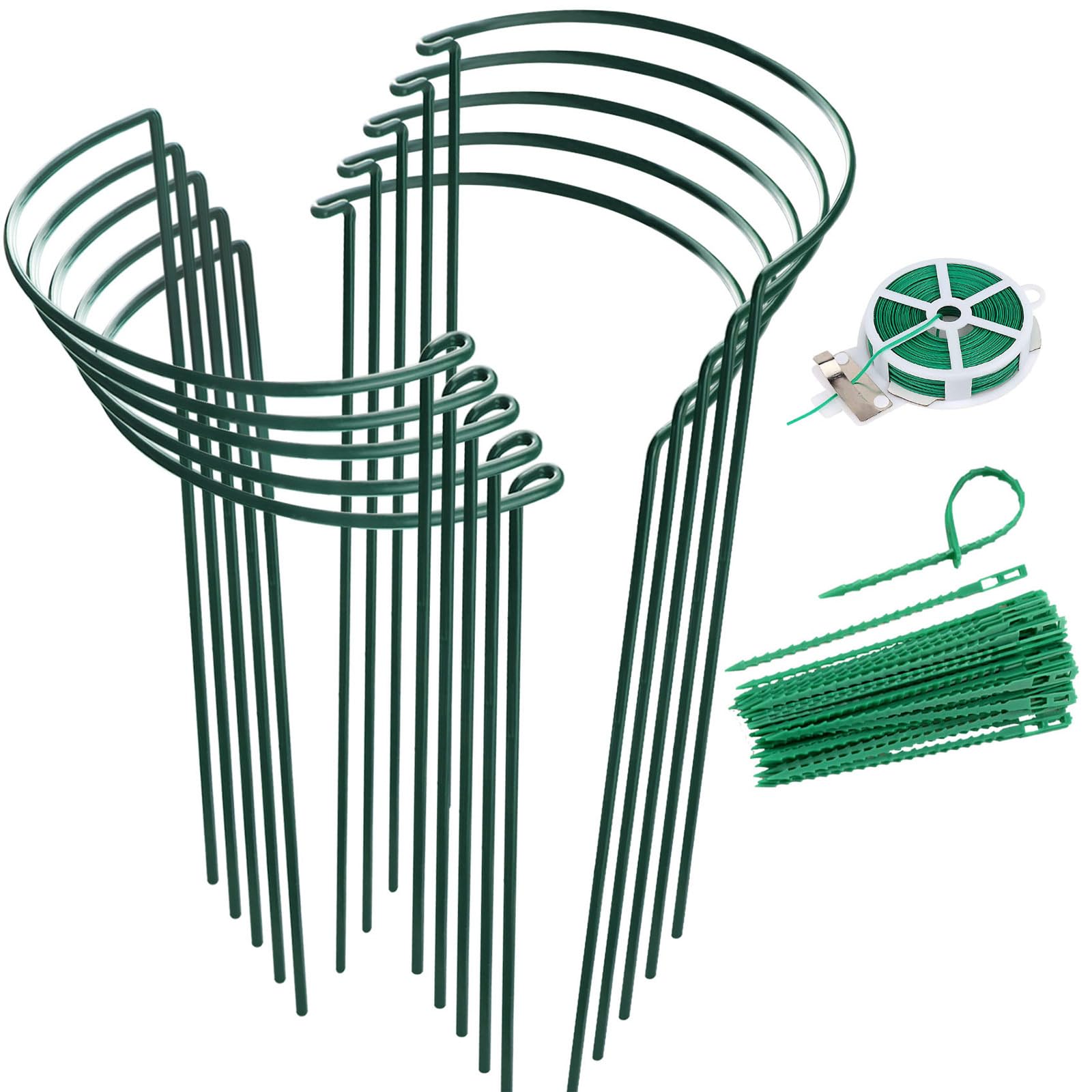 HiGift 10 Pack Plant Support Stakes, Half Round Metal Peony Cage and Support, Outdoor Garden Stakes Plant Support Ring for Flowers Vine Tomato Indoor Plant with Ties (10" Wide x 15.8" High)