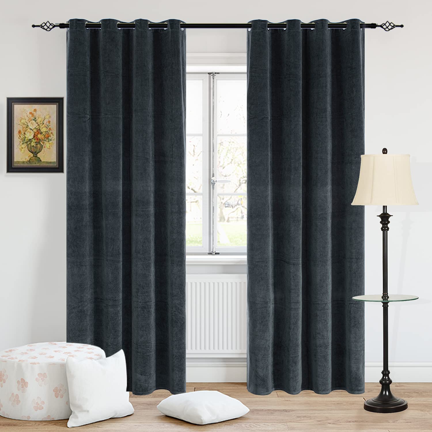 FULAN Super Soft Luxury Velvet Elephant Grey Velvet Grommet Curtains London Blue Curtain Panels 52Wx84L,2 Panels