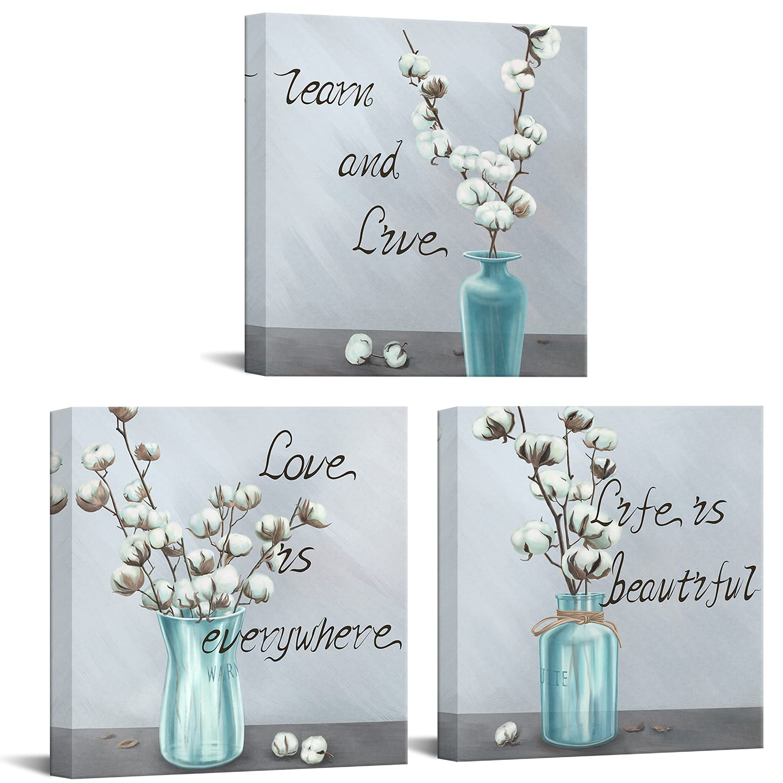 sechars 3 Piece Floral Canvas Wall Art White Cotton Flower in Teal Vase Painting Art Prints Quote Poster for Living Room Bedroom Decorations Gallery Wrap Ready to Hang Each Piece 12x12 Inch