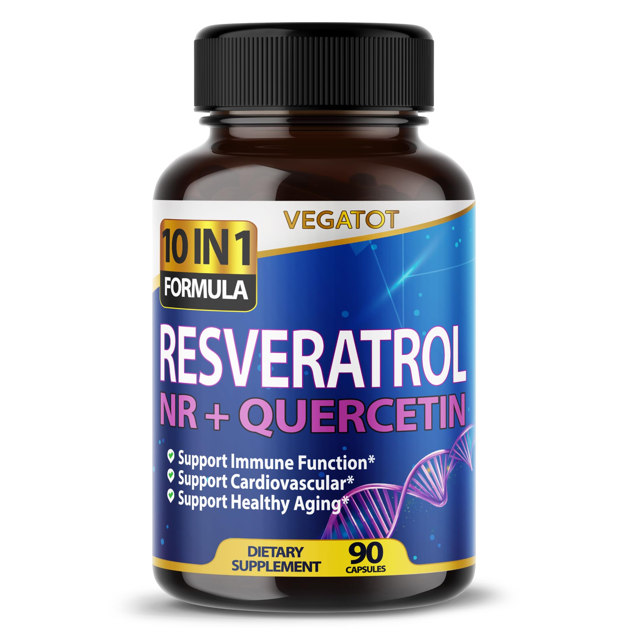 VEGATOT 10 in 1 High Strength Resveratrol 11,500MG with Quercetin Healthy Aging Immune Brain Boost Joint Support (90 Count (Pack of 1))