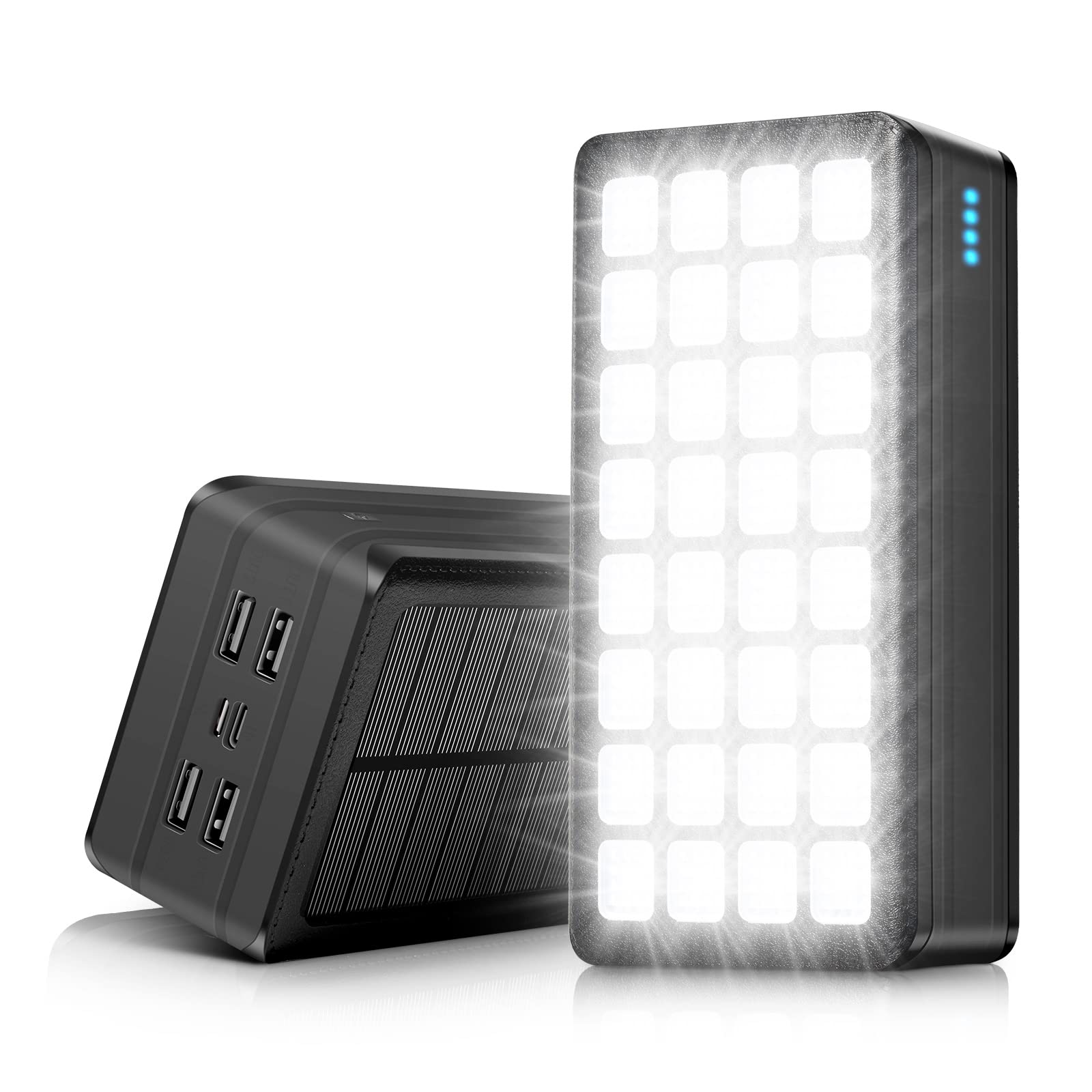 Solar Charger Power Bank 60000mAh, Portable Solar Battery Charger with 32 LED Lights, External Battery Pack Compatible with iPhone, Cell Phone,Tablet for Camping, Emergency (Black)