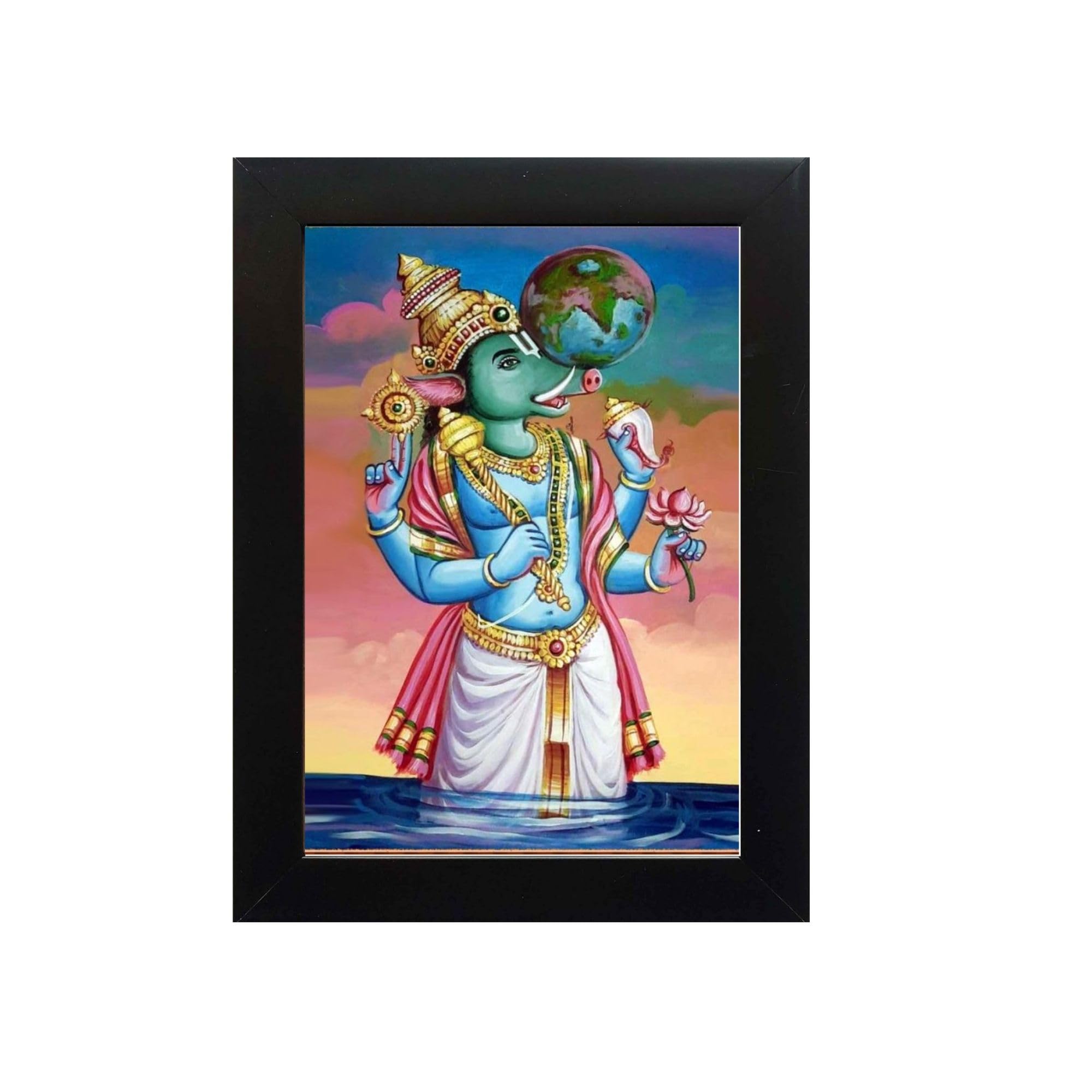 PY Creation Varaha avatar of Lord Vishnu lifting Earth in framed artwork 5 x 7 Inch Black Photo Frame for Living Room and Wall Room Decor