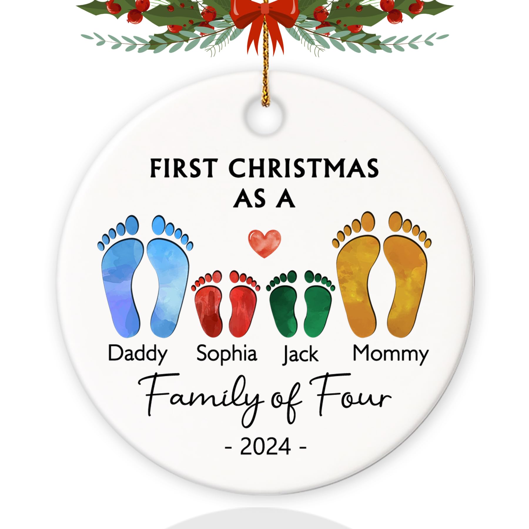 Personalized Christmas Ornaments, Our First Christmas As a Family of Four 2024 Ornament, New Parents Gifts for Couples Baby First Christmas Xmas Hanging Decor for Family of Four (Family of 4)