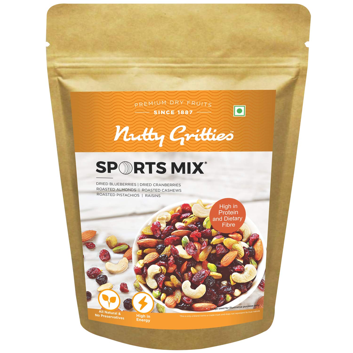 Nutty Gritties Sports Mix 1kg- Roasted Almonds, Cashews, Pistachios, Dried Blueberries, Cranberries and Raisins