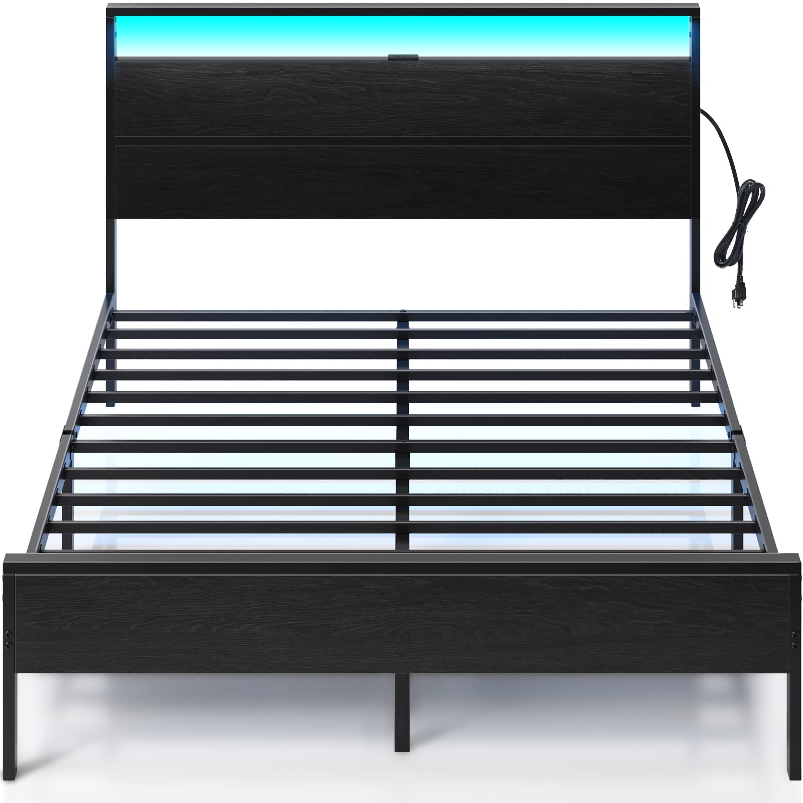 Rolanstar Bed Frame with Charging Station, Full Bed with LED Lights Headboard, Metal Platform, Strong Metal Slats Support, 10.2” Under Bed Storage Clearance, No Box Spring Needed, Noise Free