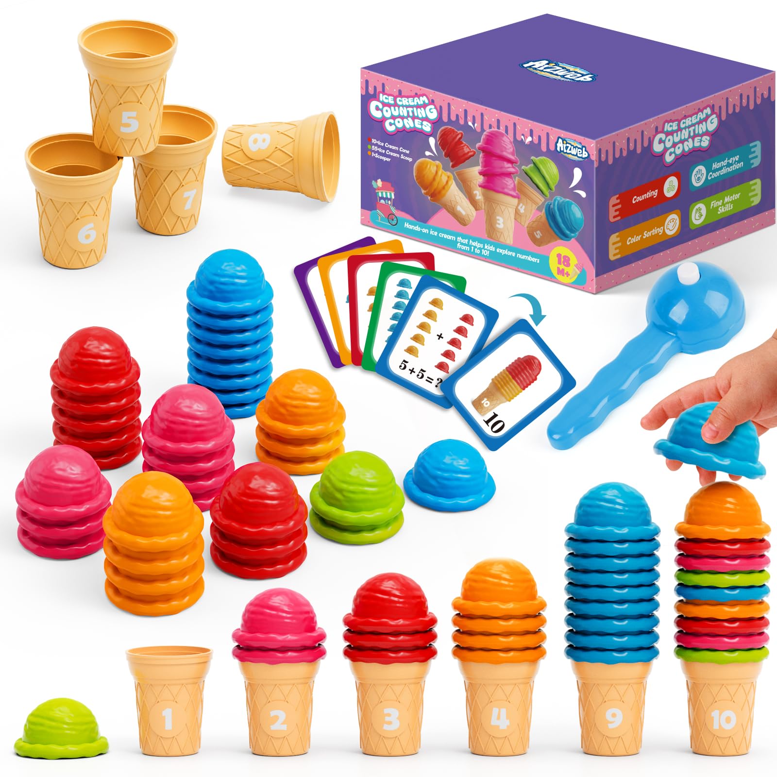 Aizweb Ice Cream Counting and Color Sorting Stacking Toys for Toddlers, Montessori Preschool Kindergarten Learning Activities,Number Math Manipulatives Math Games Educational Fine Motor Skills Toys