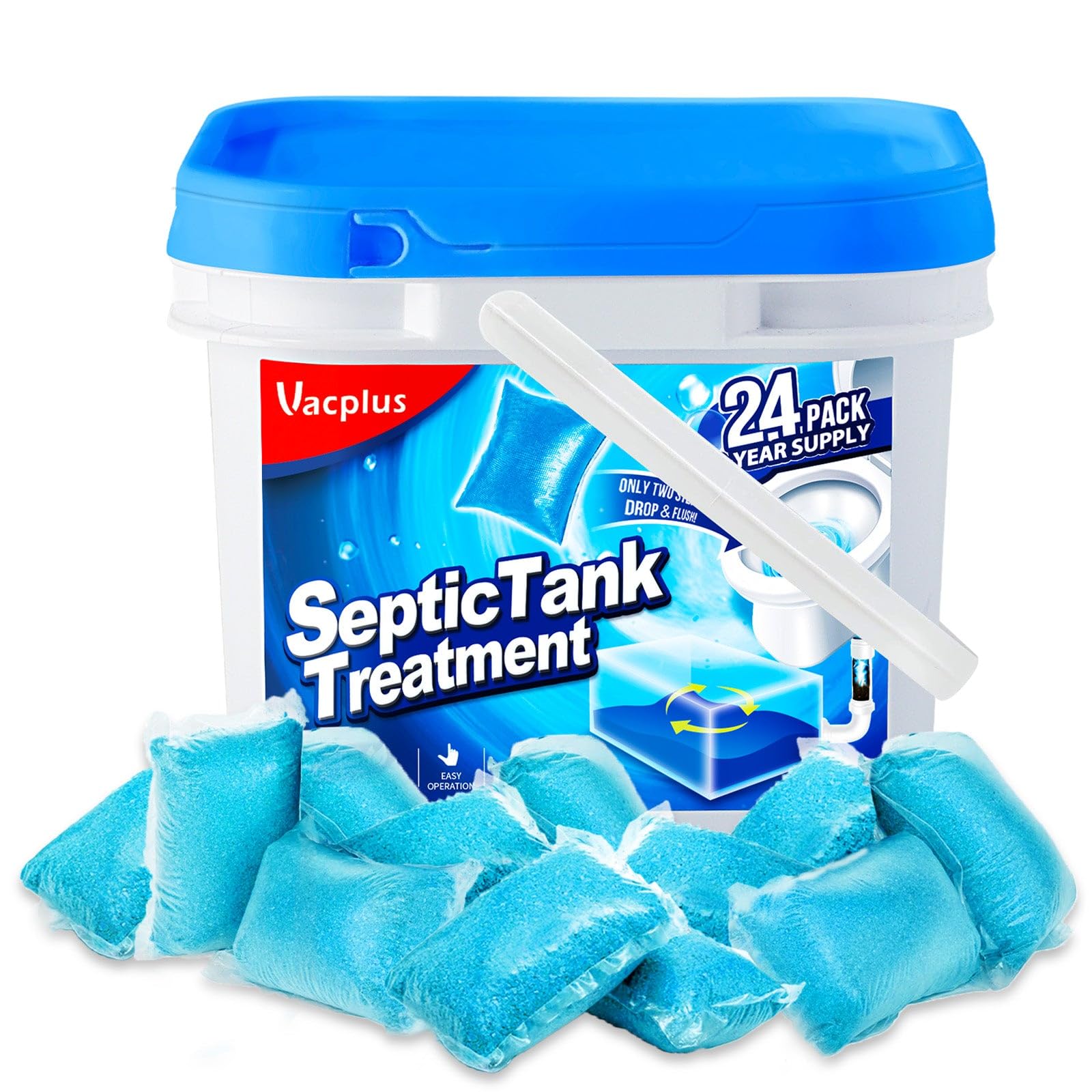 Vacplus Septic Tank Treatment - 24 Packs for 2-Year Supply, Bucket-Packed Septic Tank Treatment Packets, Dissolvable & Flushable Septic Tank Treatment Enzymes with Easy Operation for Wastes & Odors